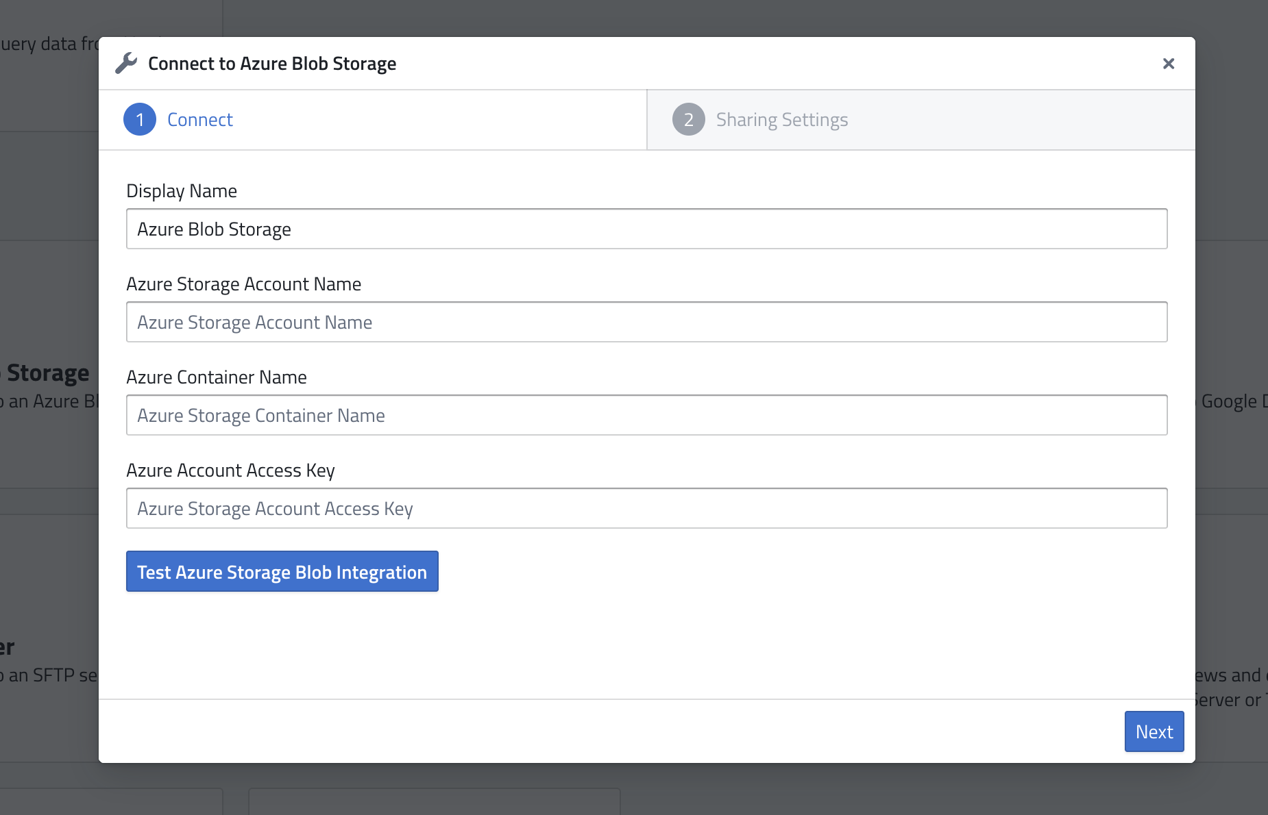 Connect to Azure Blob Storage form