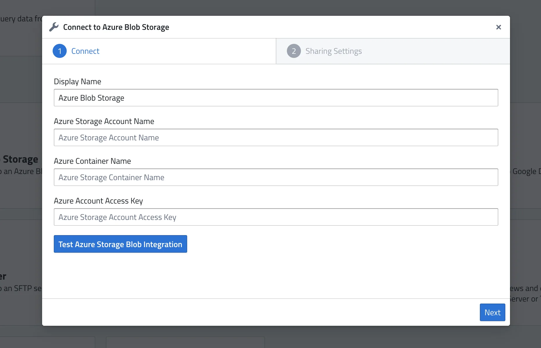 Connect to Azure Blob Storage form
