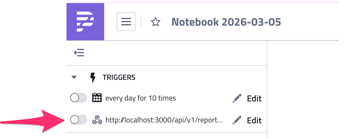 Webhook trigger in the notebook sidebar