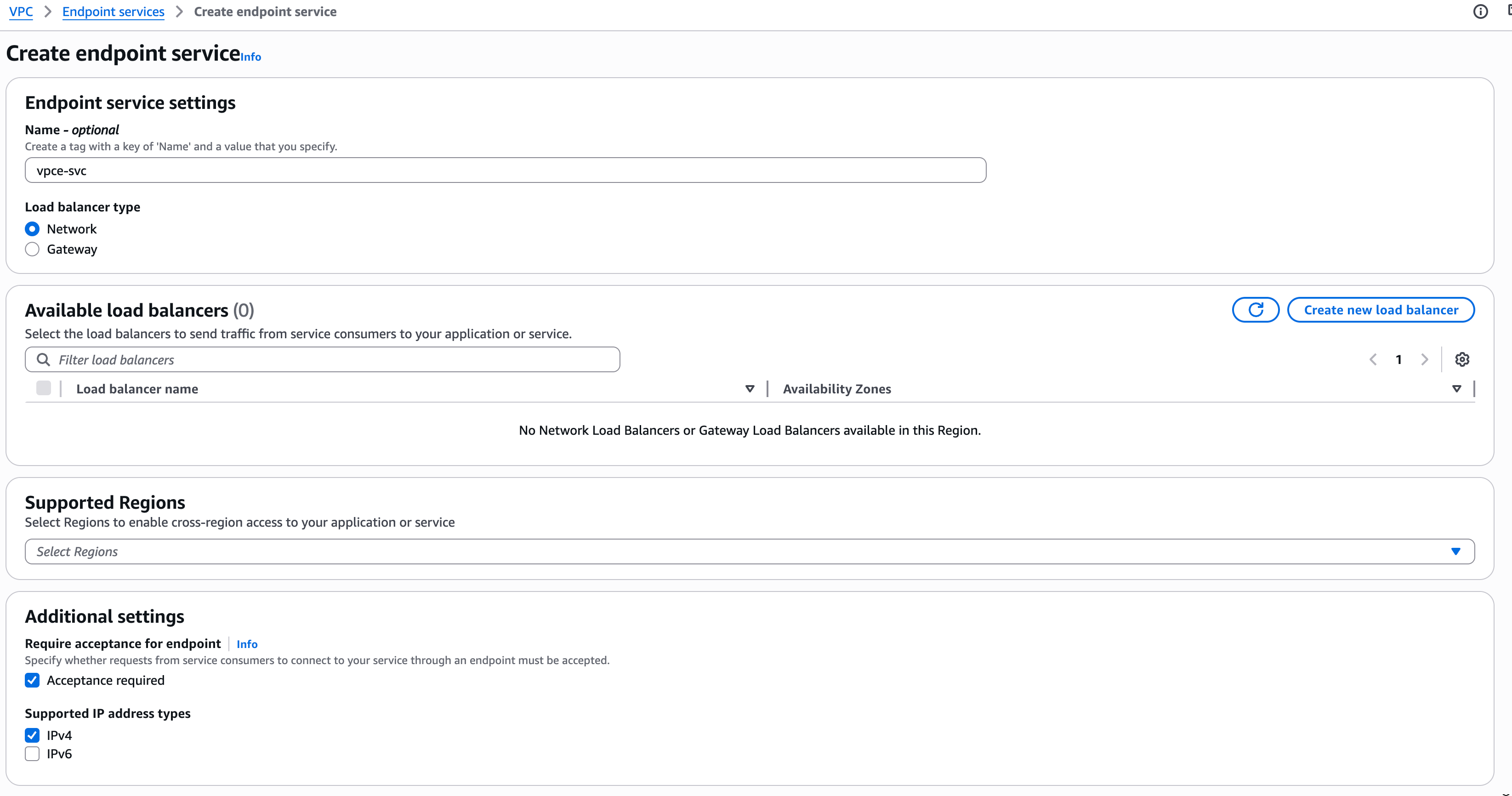 Create VPC Endpoint Service with acceptance required