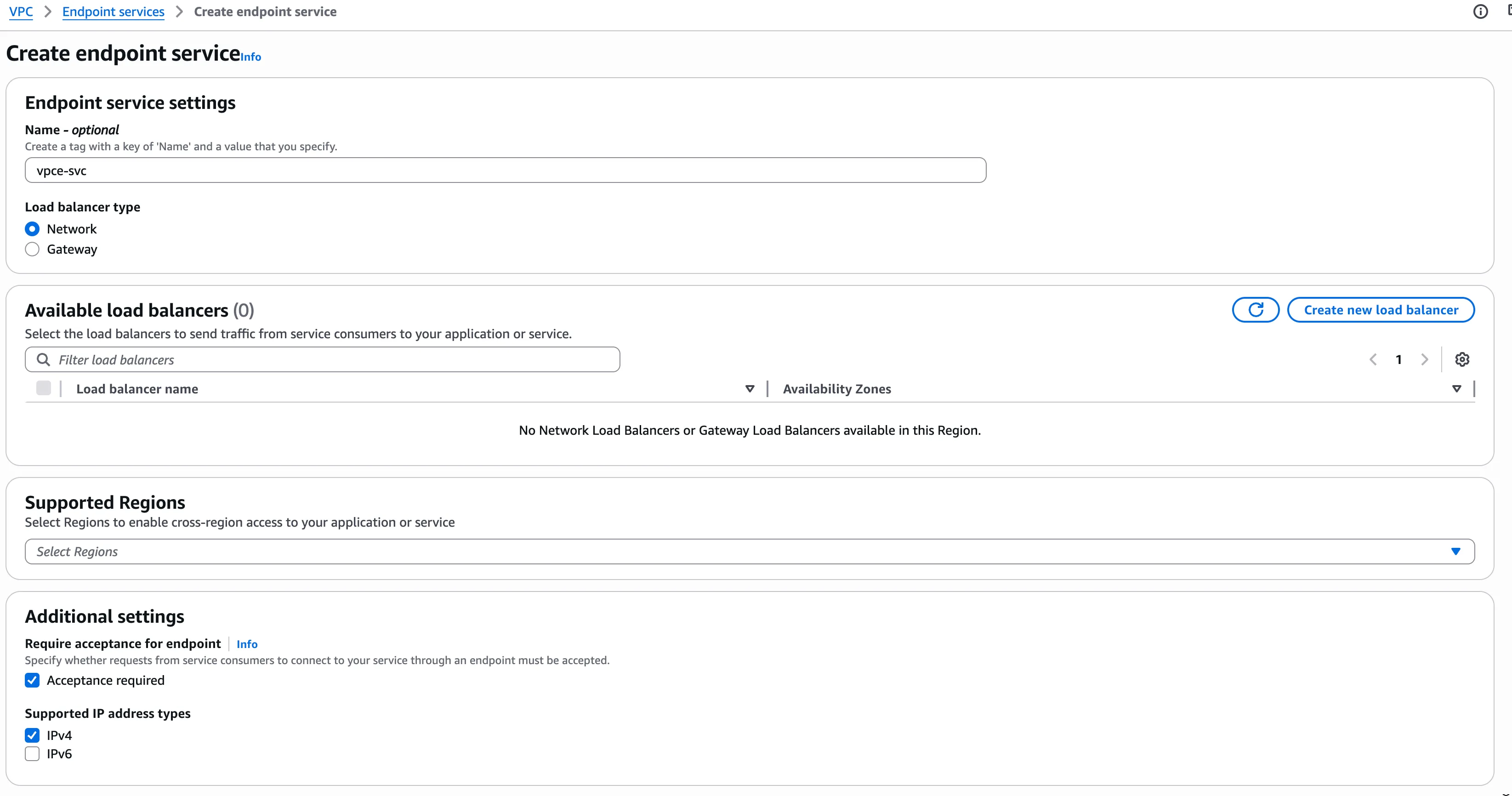 Create VPC Endpoint Service with acceptance required