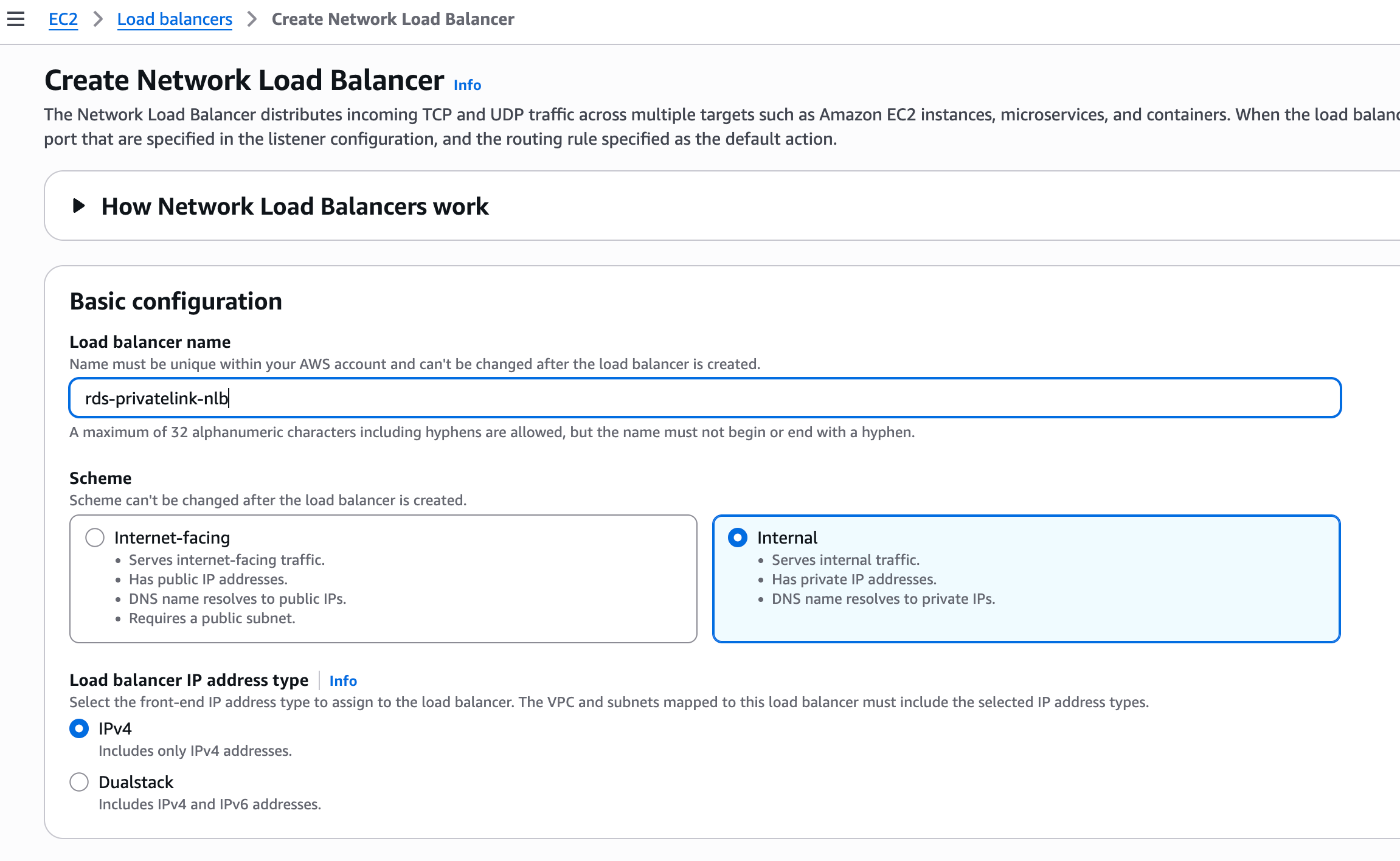 Create internal Network Load Balancer with TCP listener on port 5432