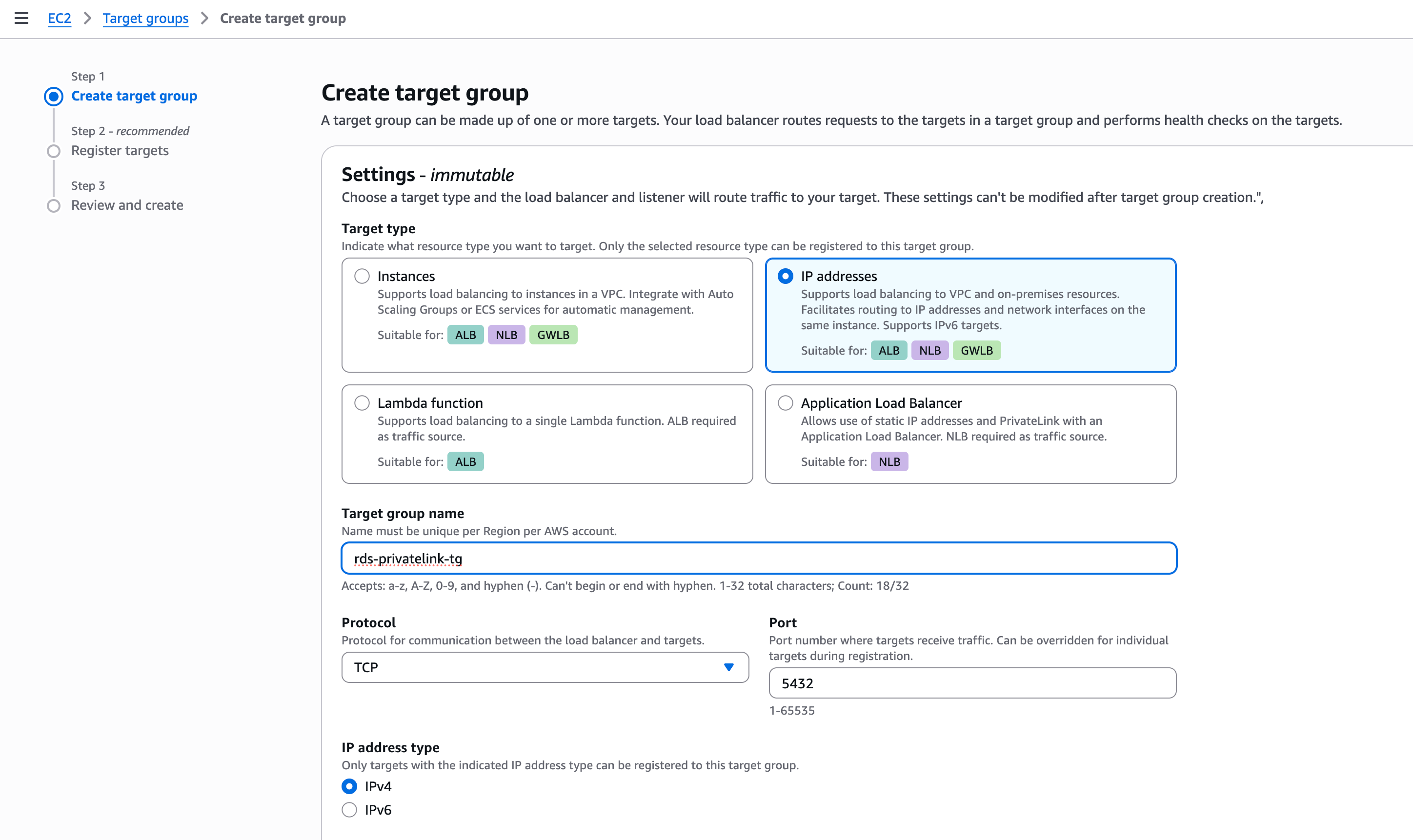 Create target group with IP address target type and TCP protocol