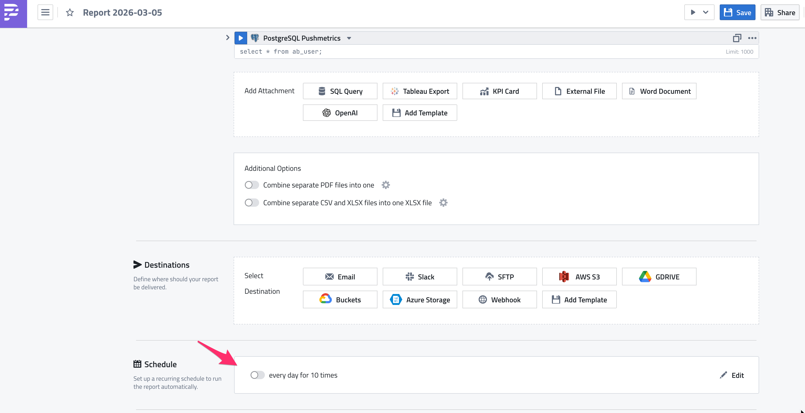 Webhook trigger in the report editor