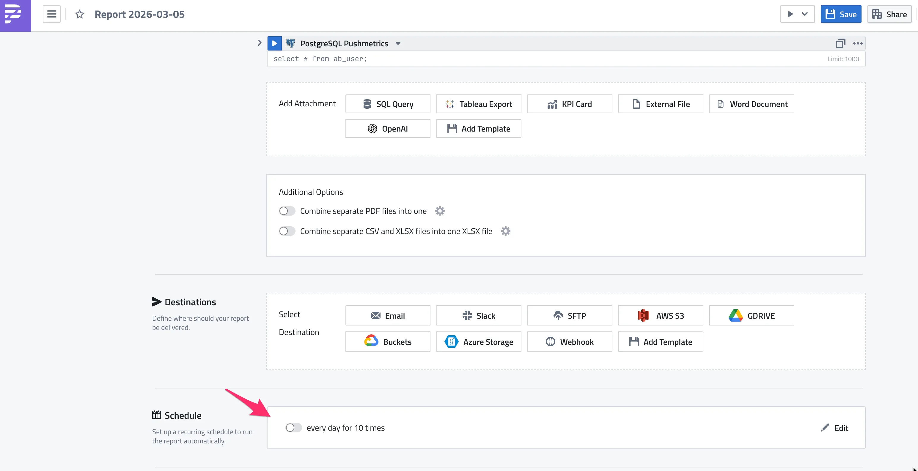 Webhook trigger in the report editor