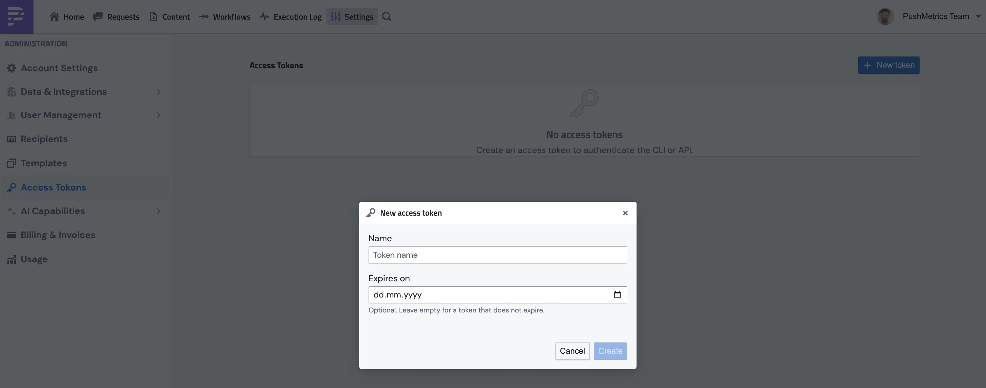 The New access token dialog on the Access Tokens settings page