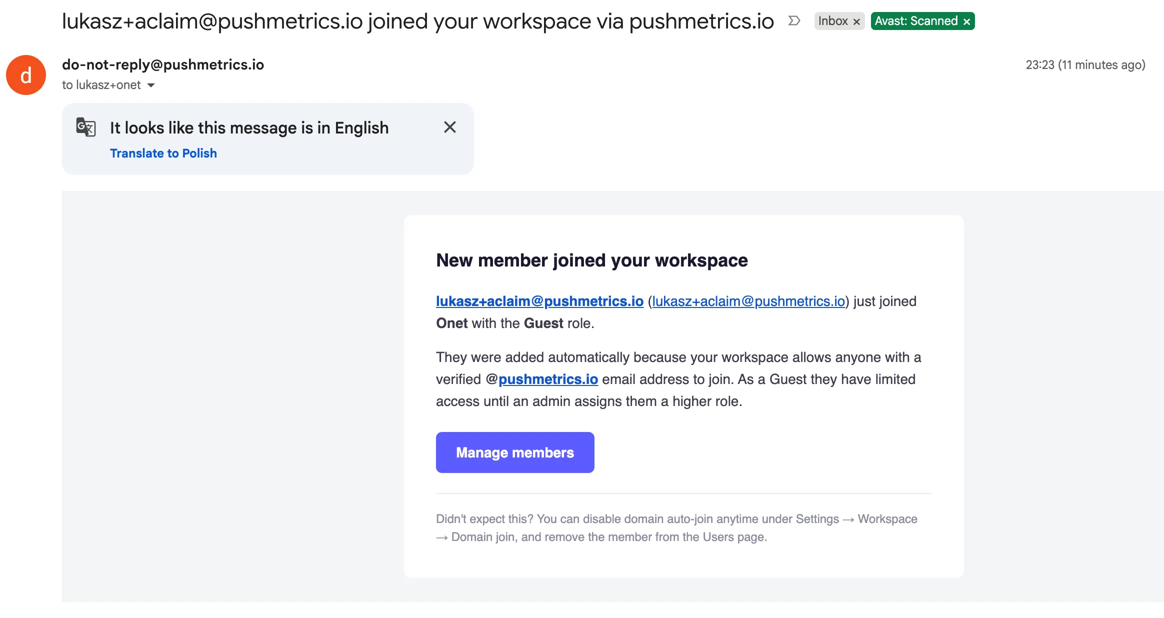 The new-member notification email sent to workspace admins after an auto-join, naming the joiner and their role and explaining that they joined via the domain claim, with a Manage members button