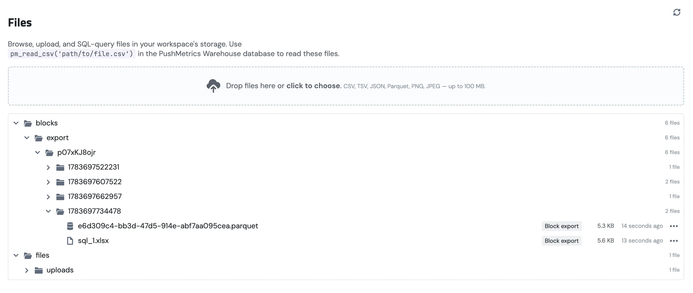 The Files page in PushMetrics, showing the upload dropzone at the top and a folder tree of report exports (each tagged 'Block export') with their size and modified time