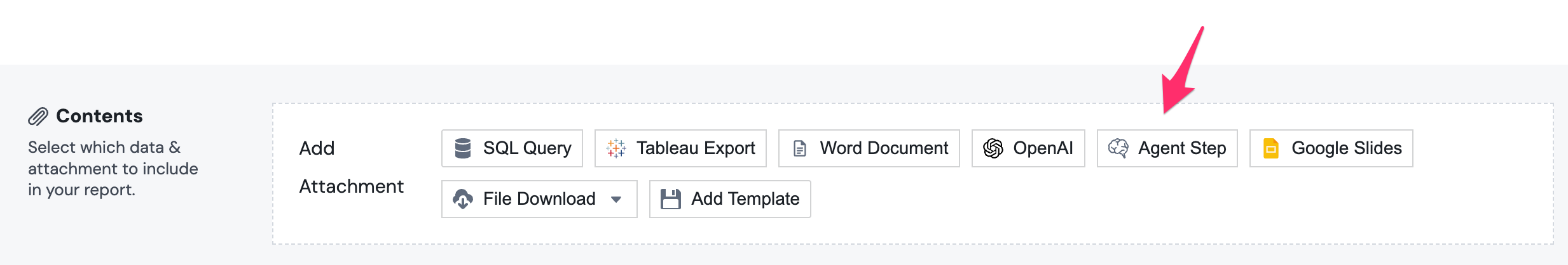 The Contents section of a report with the Add Attachment row showing SQL Query, Tableau Export, Word Document, OpenAI, Agent Step, Google Slides, File Download, and Add Template buttons