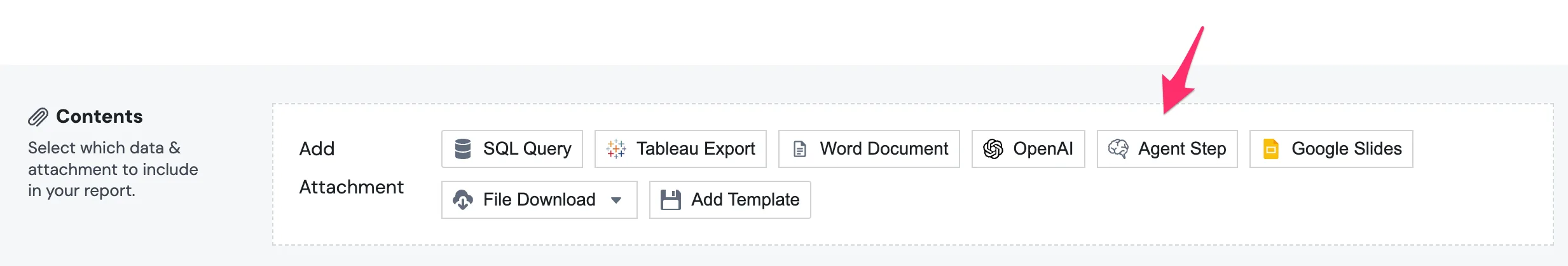 The Contents section of a report with the Add Attachment row showing SQL Query, Tableau Export, Word Document, OpenAI, Agent Step, Google Slides, File Download, and Add Template buttons
