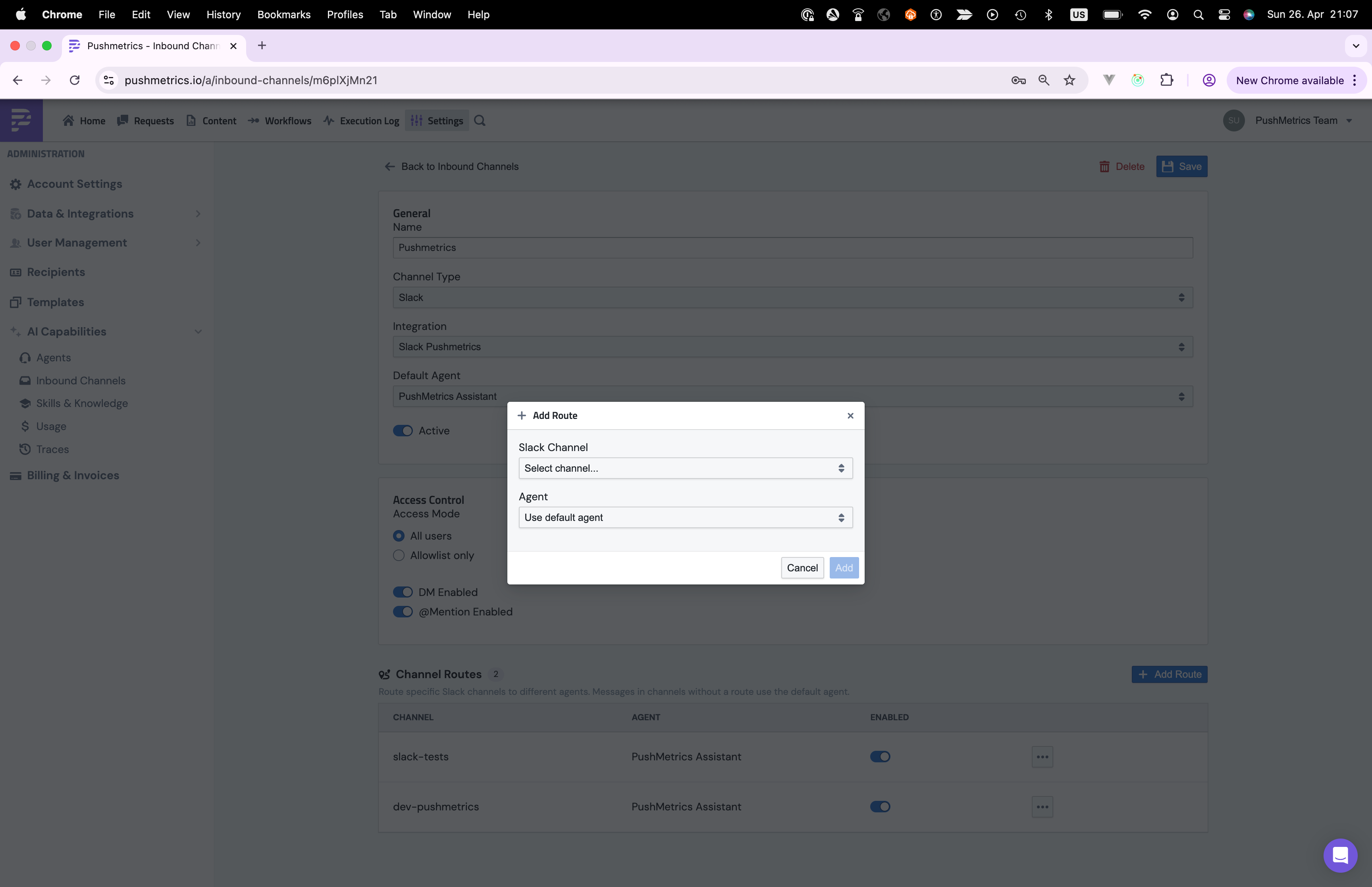 The Add Route dialog: pick a Slack channel and the agent that should handle it
