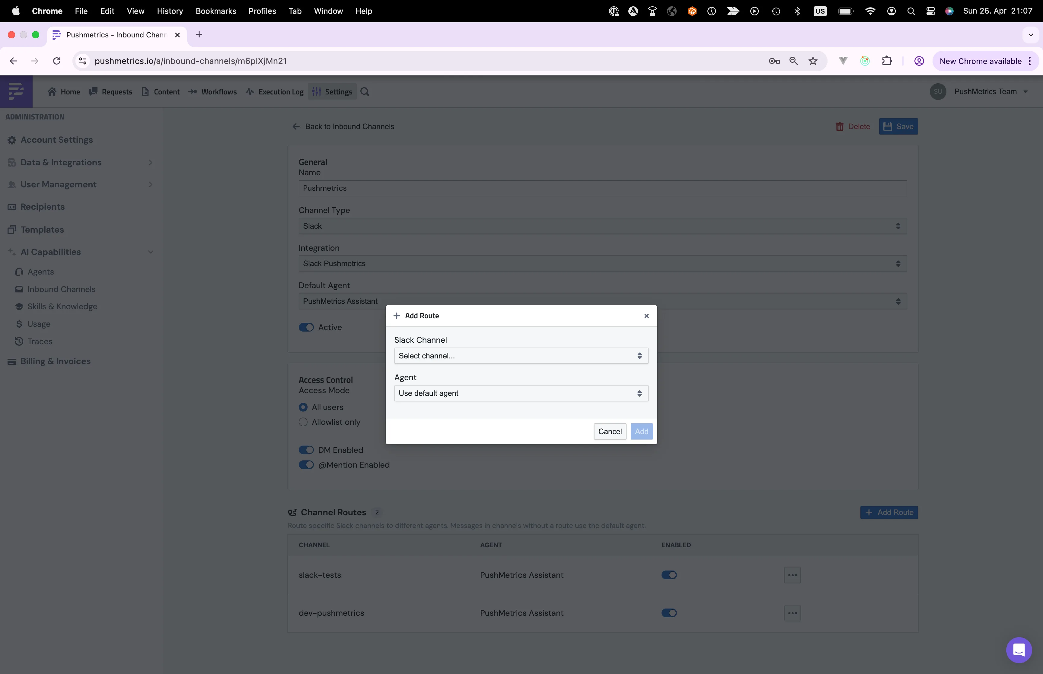 The Add Route dialog: pick a Slack channel and the agent that should handle it