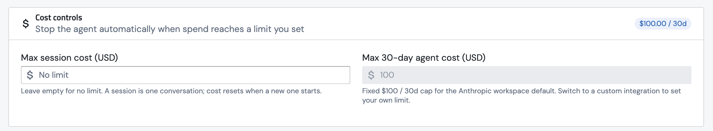 The Cost controls section on the agent edit page, with Max session cost and Max 30-day agent cost fields