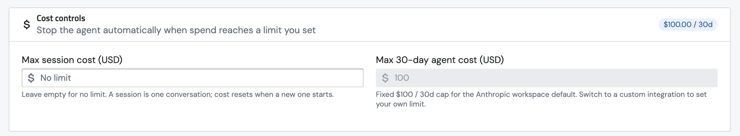 The Cost controls section on the agent edit page, with Max session cost and Max 30-day agent cost fields