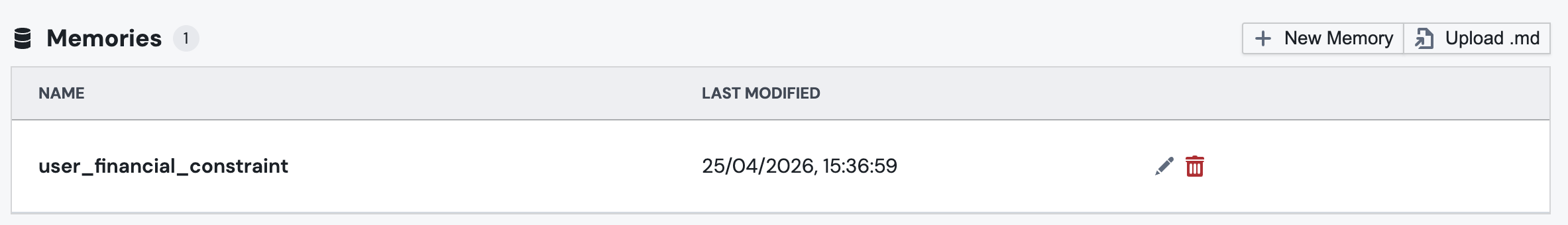 The Memories section on the agent edit page, showing a saved memory note with name, last modified timestamp, and edit and delete actions, plus the New Memory and Upload .md buttons in the header