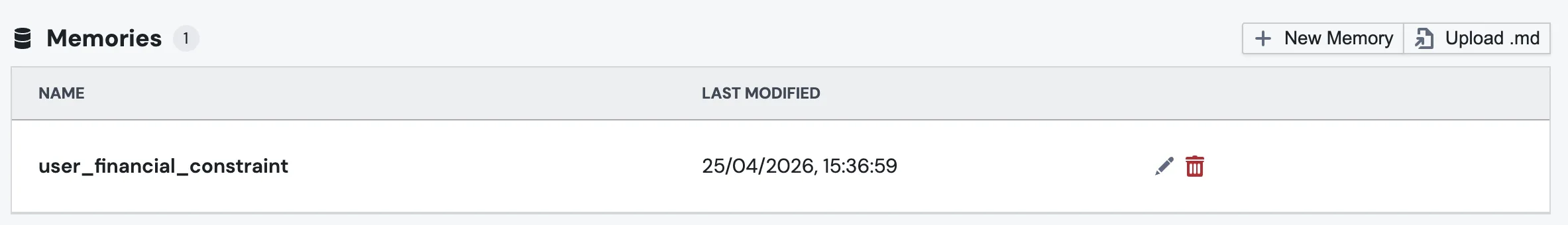 The Memories section on the agent edit page, showing a saved memory note with name, last modified timestamp, and edit and delete actions, plus the New Memory and Upload .md buttons in the header