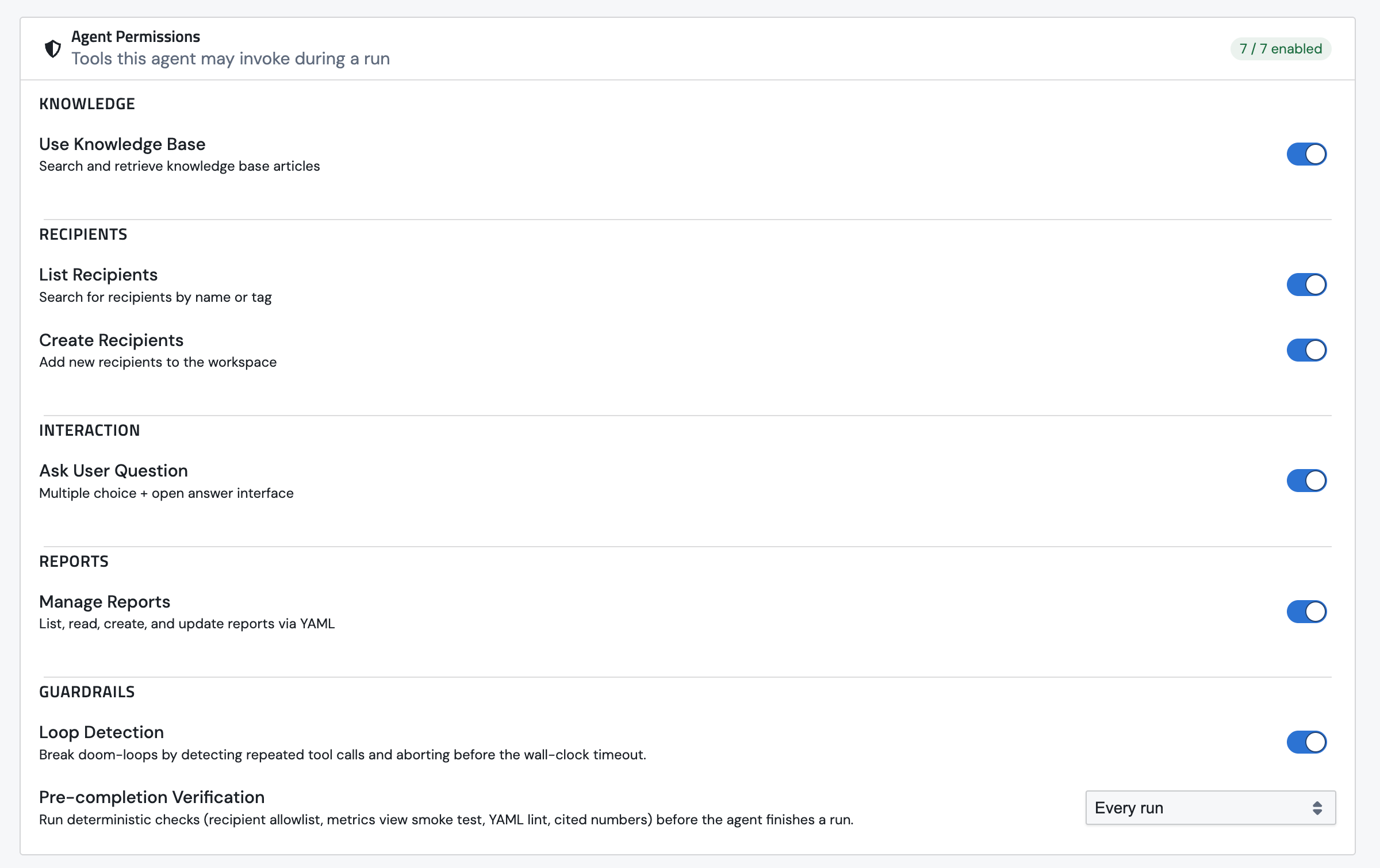 The Agent Permissions section on the agent edit page, showing the Knowledge, Recipients, Interaction, Reports, and Guardrails groups
