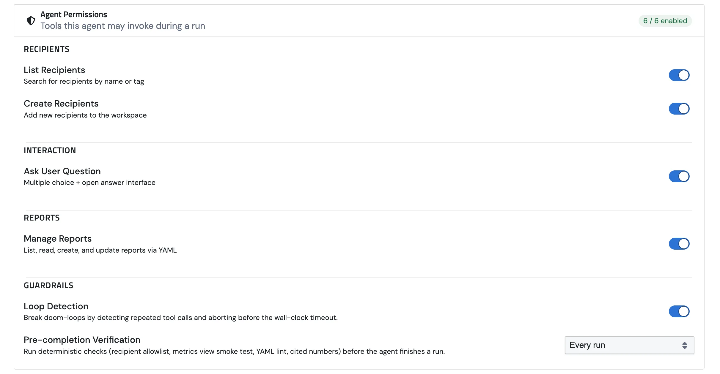The Agent Permissions section on the agent edit page, showing the Memory, Recipients, Interaction, Reports, and Guardrails groups