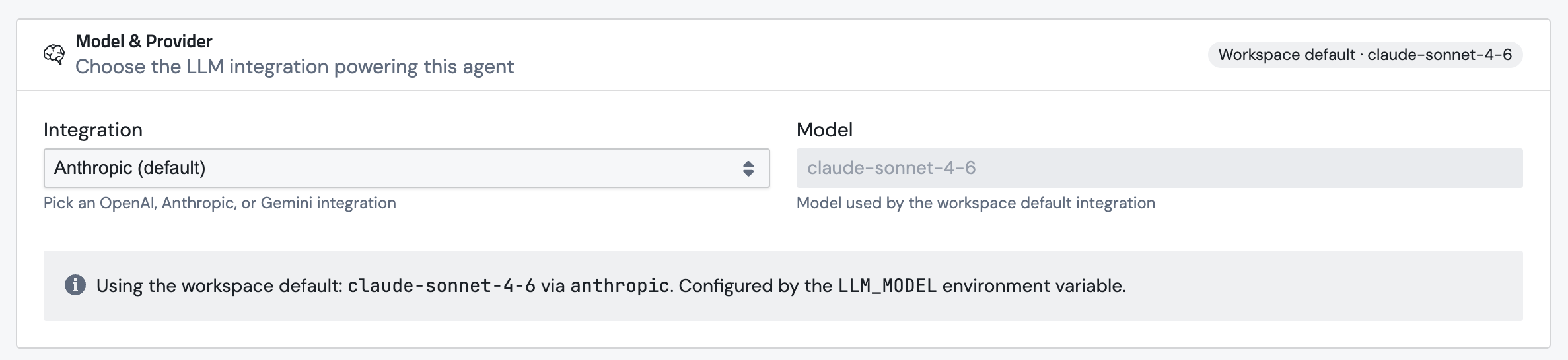 The Model & Provider section on the agent edit page, with the integration dropdown, model field, and a row of suggested model chips