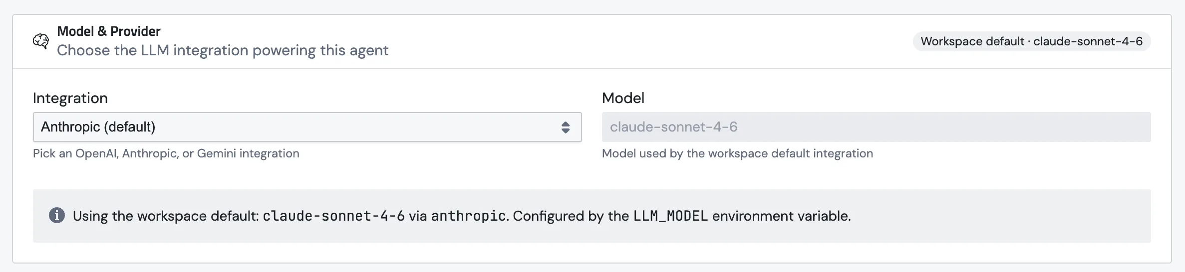 The Model & Provider section on the agent edit page, with the integration dropdown, model field, and a row of suggested model chips