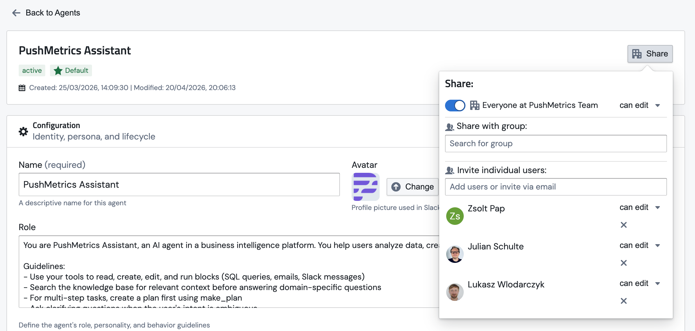 The Share panel on the agent edit page, with controls for sharing with the whole team, with a group, or inviting individual users by email