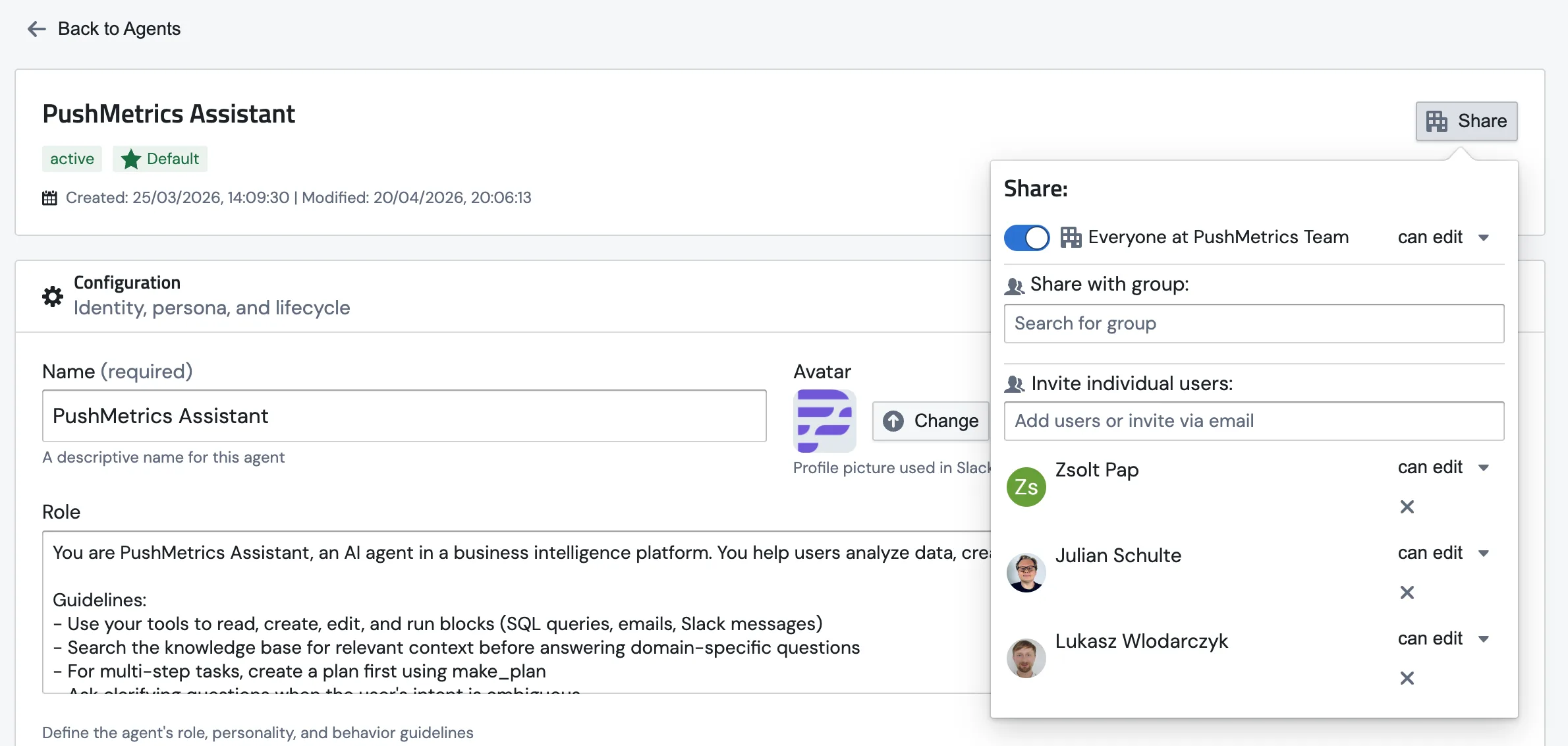 The Share panel on the agent edit page, with controls for sharing with the whole team, with a group, or inviting individual users by email