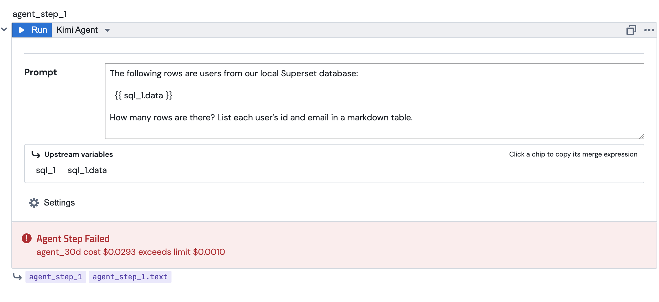 A failed Agent Step in a notebook showing the error message agent_30d cost $0.0293 exceeds limit $0.0010
