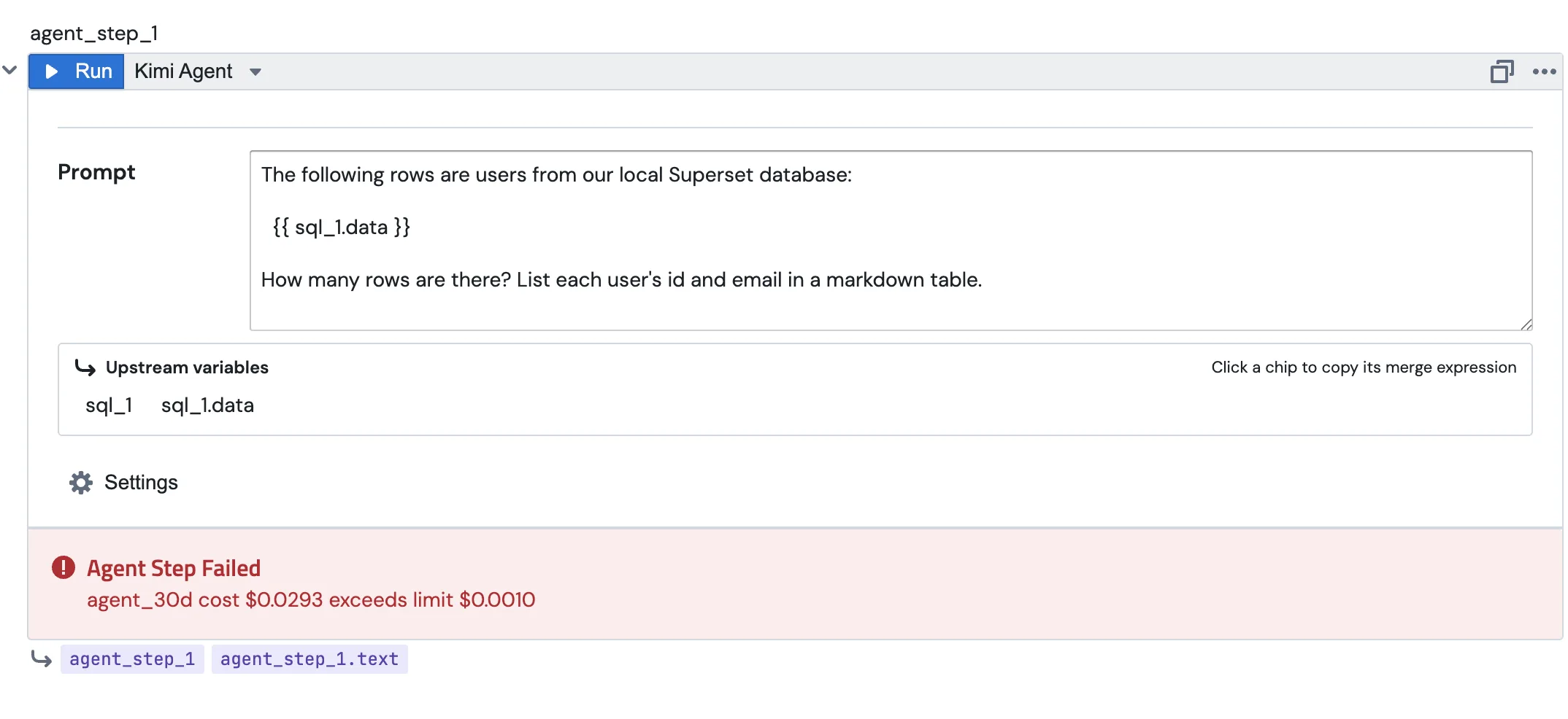 A failed Agent Step in a notebook showing the error message agent_30d cost $0.0293 exceeds limit $0.0010