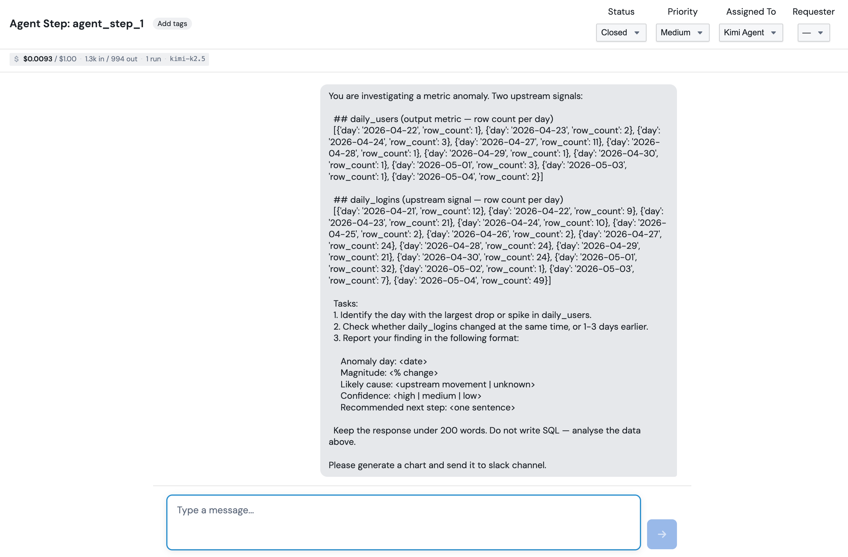 The chat session view of an Agent Step run showing the rendered prompt, the agent's tool calls, and the final submit_result call