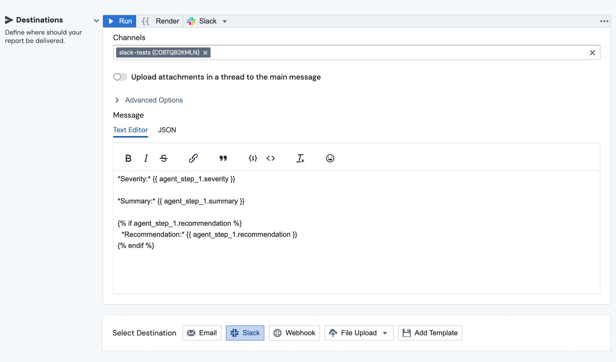 A Slack destination block with a message templated from agent_step_1 fields, plus the Agent Step max cost per run setting in the Additional Options panel above