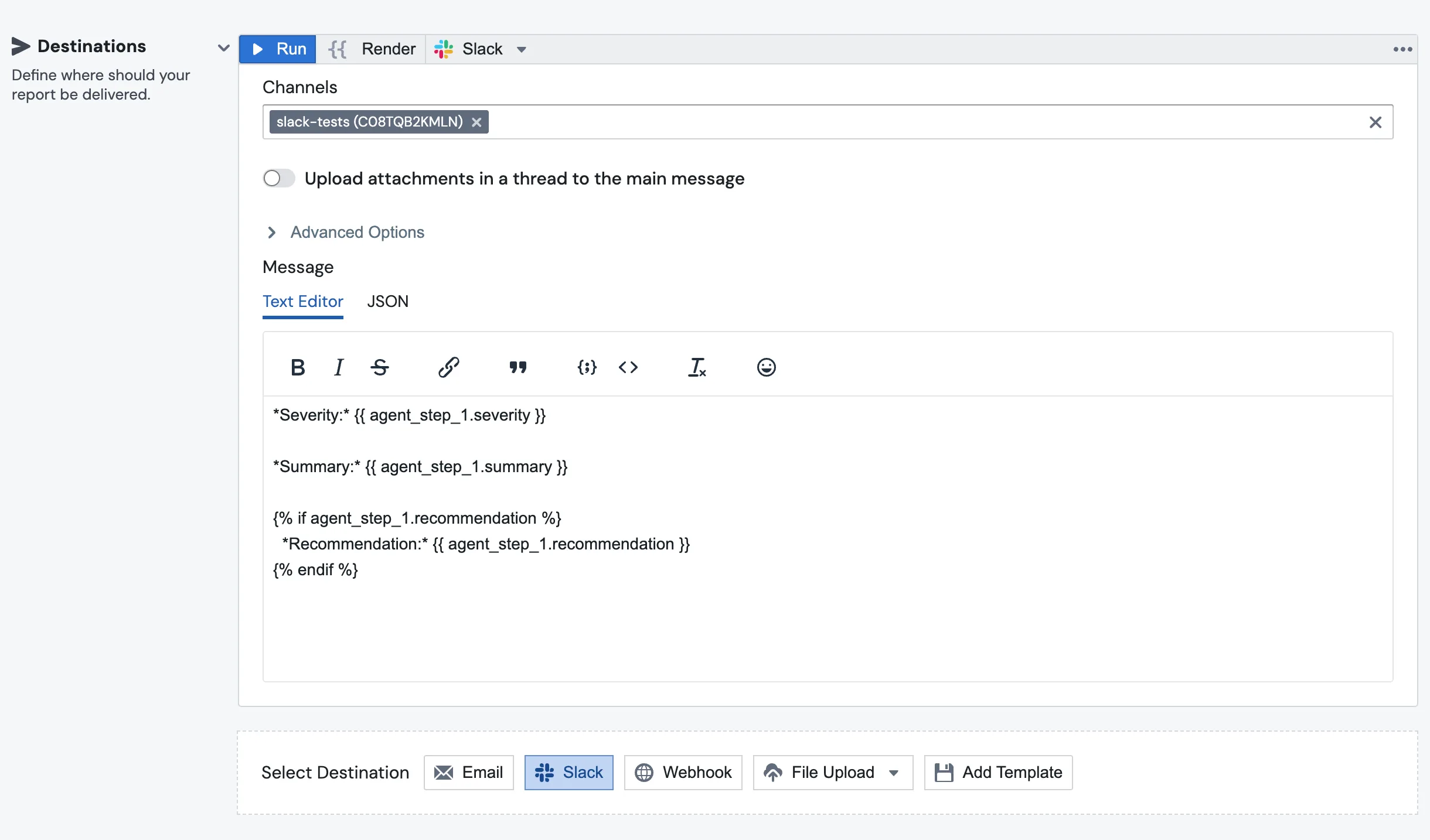 A Slack destination block with a message templated from agent_step_1 fields, plus the Agent Step max cost per run setting in the Additional Options panel above