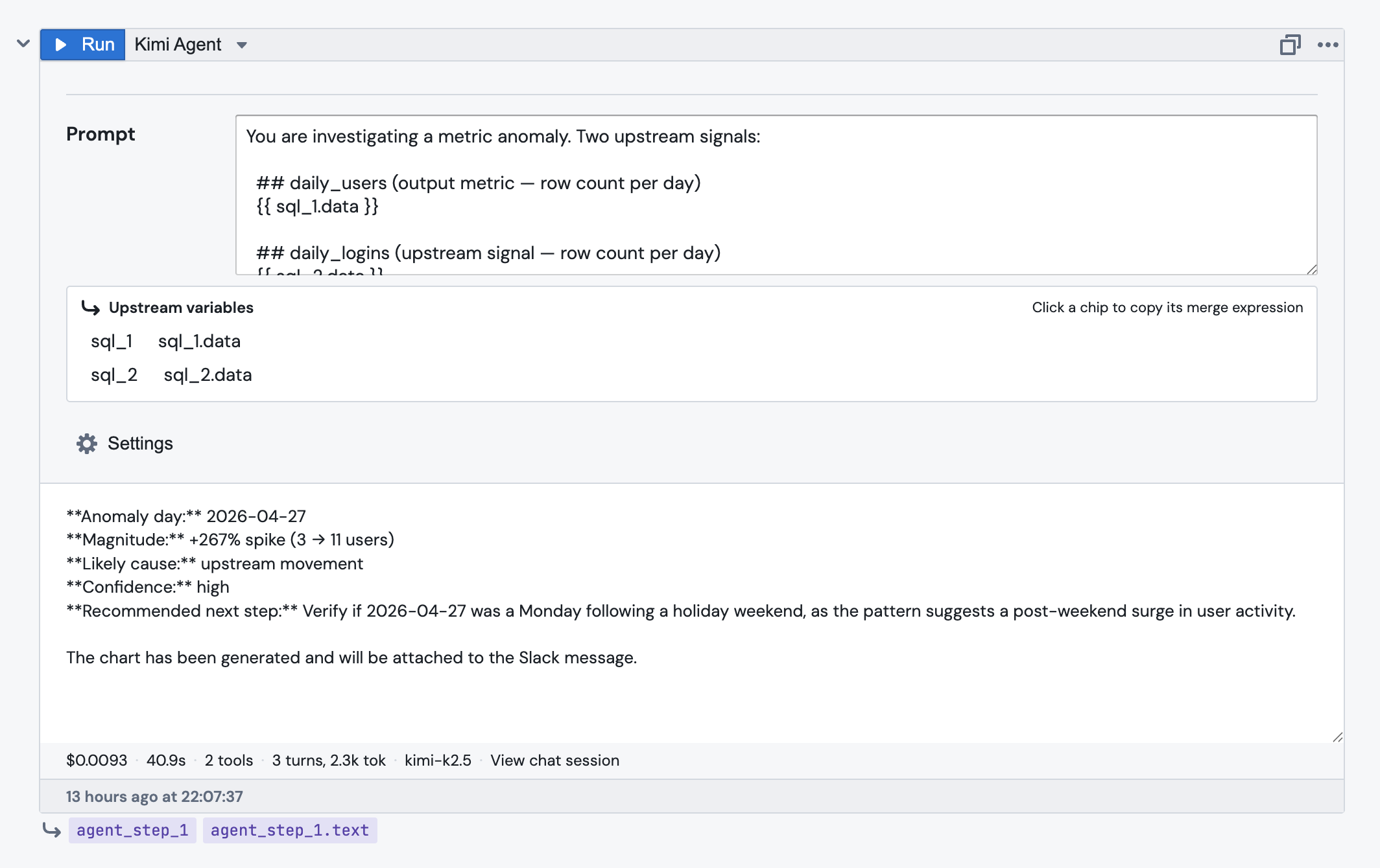 The Agent Step editor with the agent picker at the top, a prompt field referencing two upstream SQL blocks, the Upstream variables panel, and the Settings section below