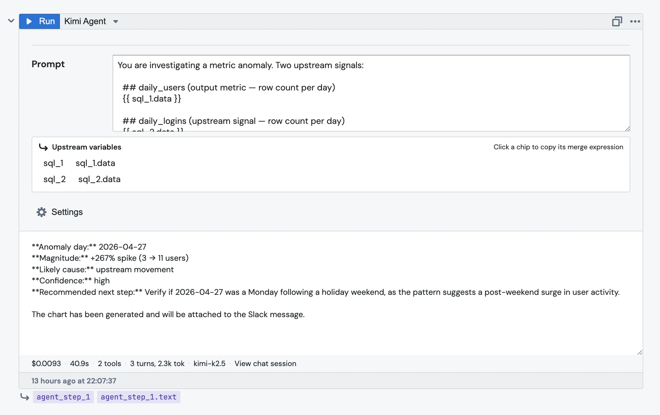 The Agent Step editor with the agent picker at the top, a prompt field referencing two upstream SQL blocks, the Upstream variables panel, and the Settings section below