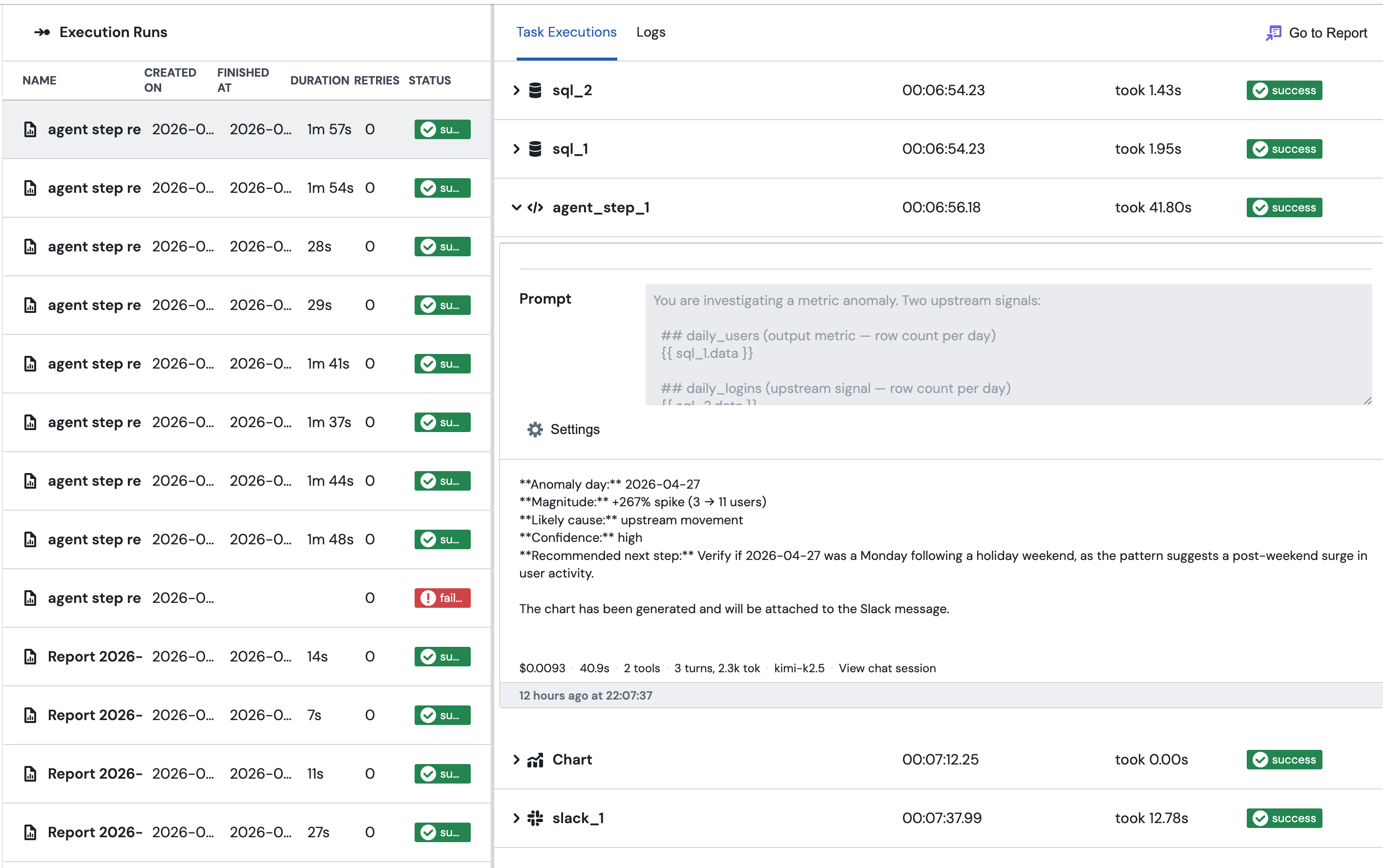 An Agent Step row in the execution log next to the SQL and destination blocks of the same report run