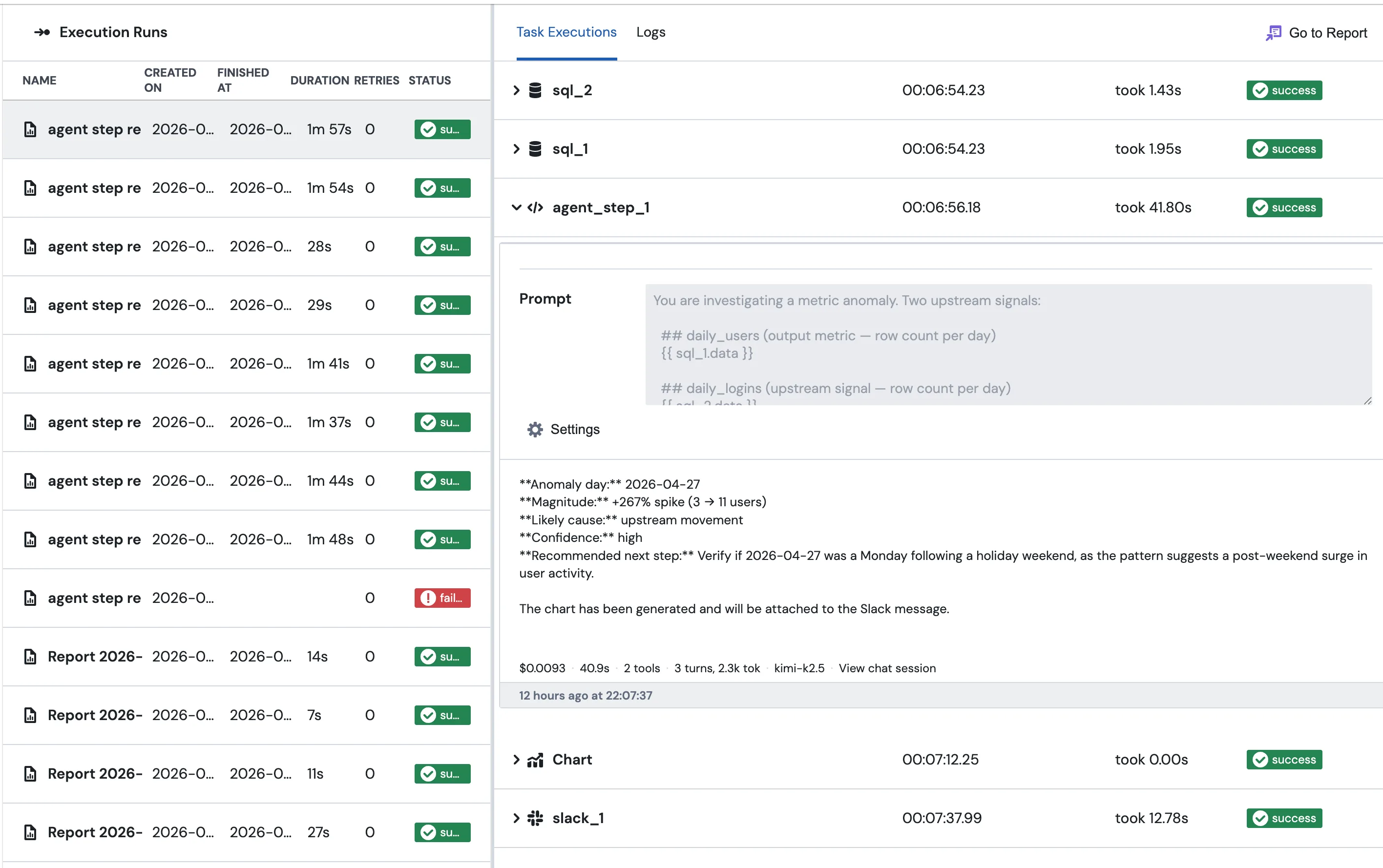 An Agent Step row in the execution log next to the SQL and destination blocks of the same report run