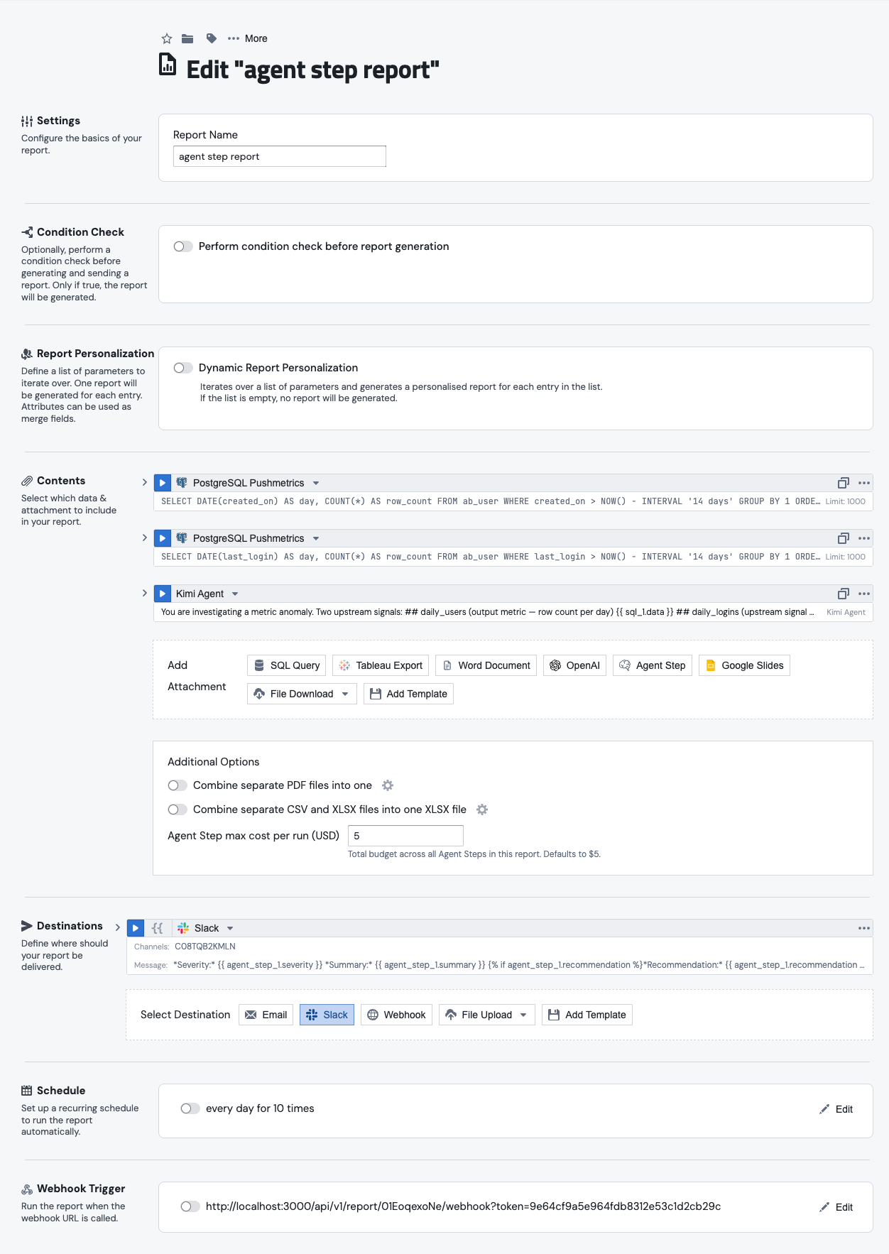 A report with two SQL blocks feeding an Agent Step block in the middle and a Slack destination block at the bottom