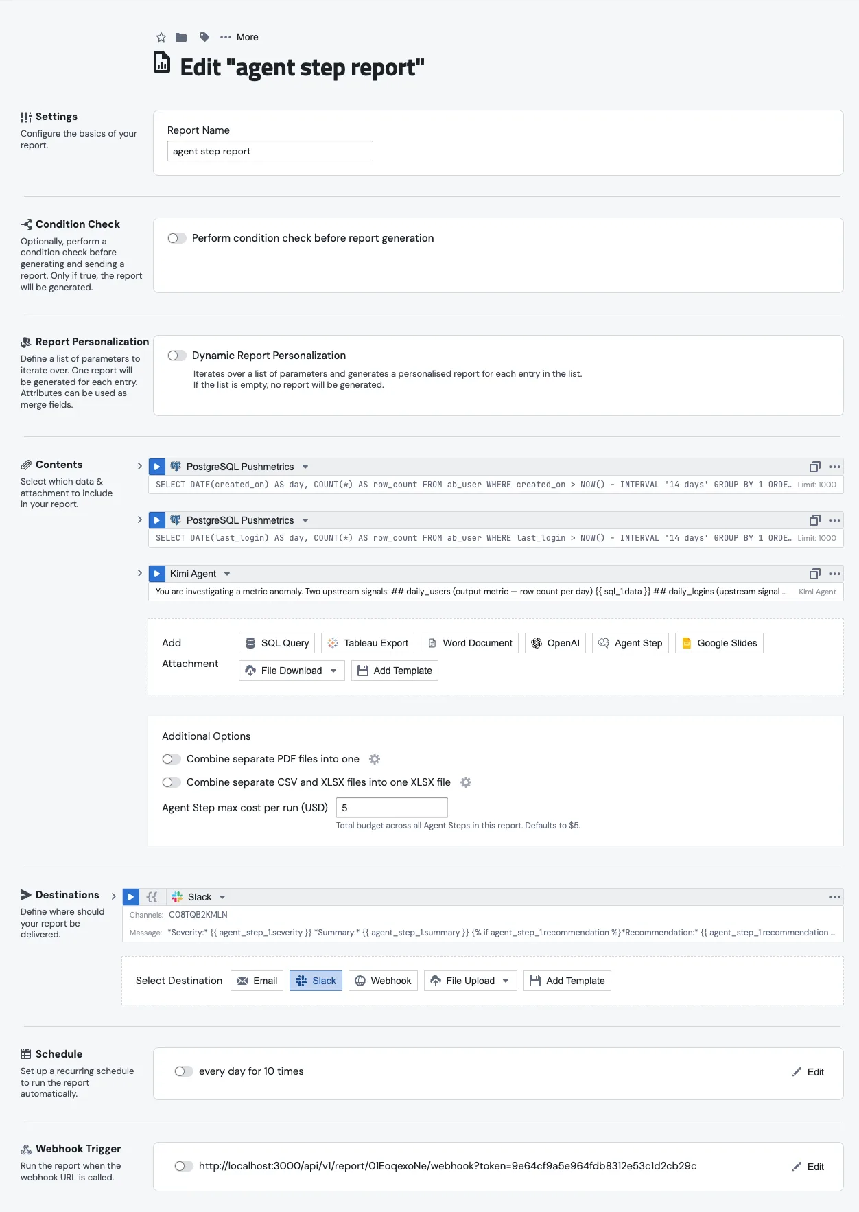 A report with two SQL blocks feeding an Agent Step block in the middle and a Slack destination block at the bottom