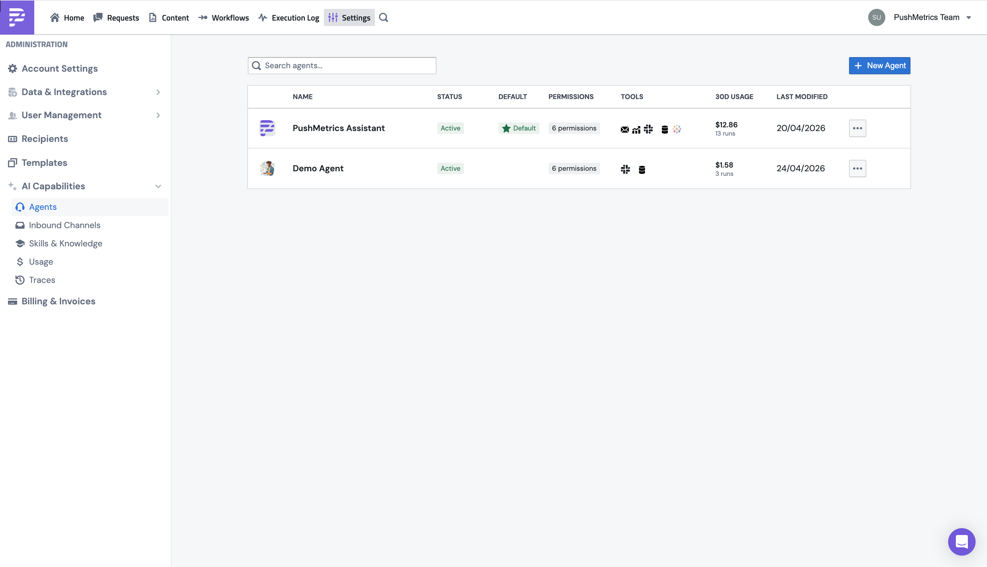 The Agents page in PushMetrics, listing every agent in the workspace