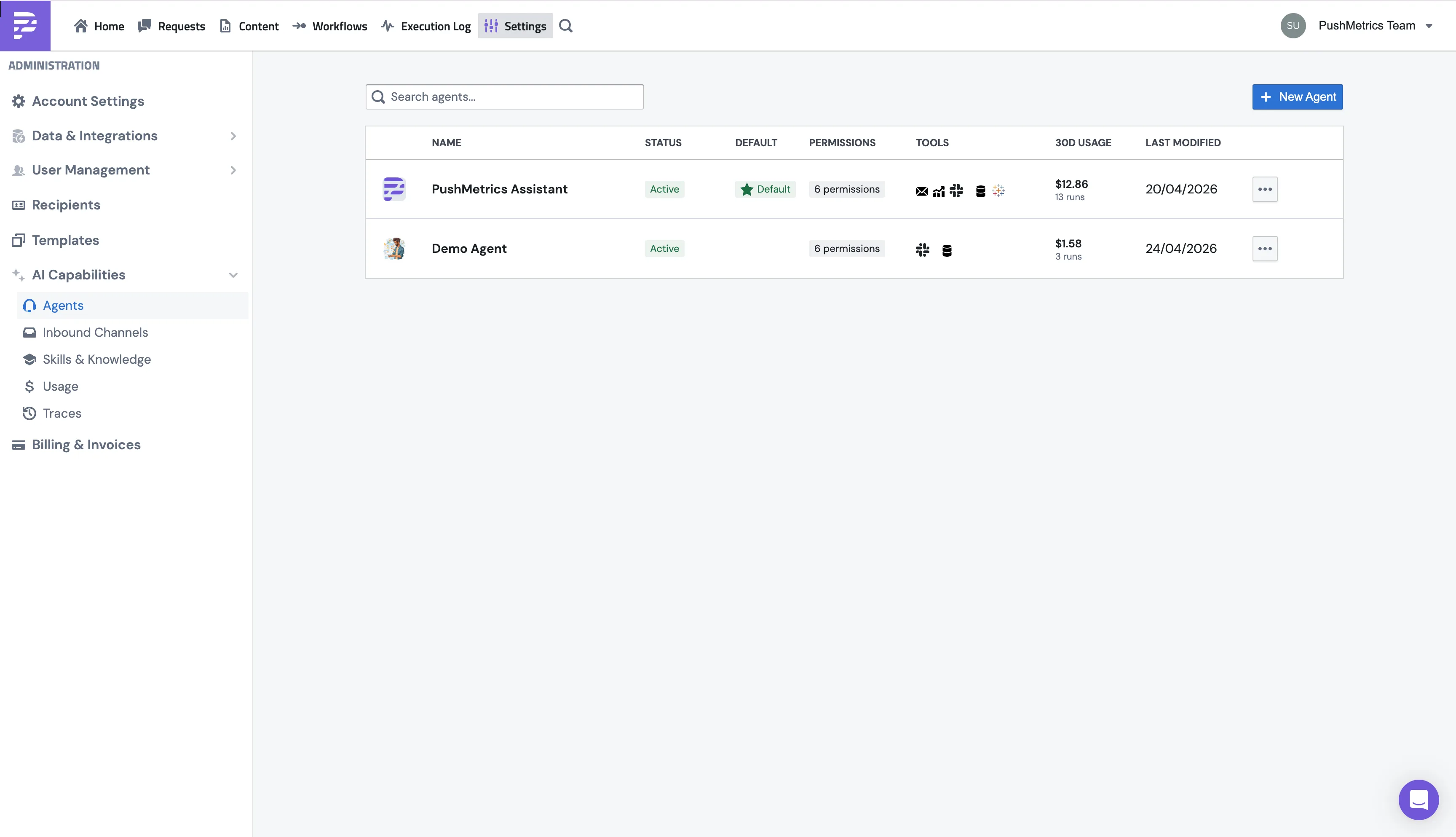 The Agents page in PushMetrics, listing every agent in the workspace