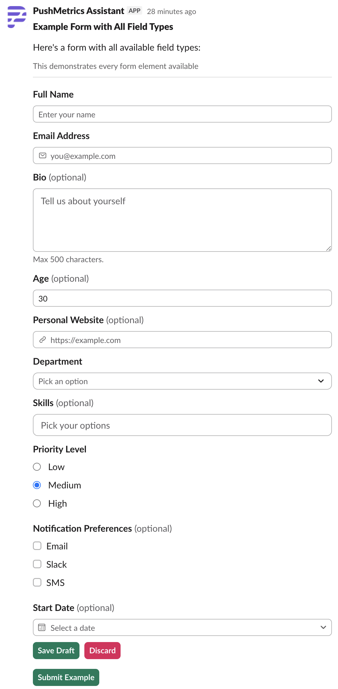 All supported agent form input types rendered in Slack