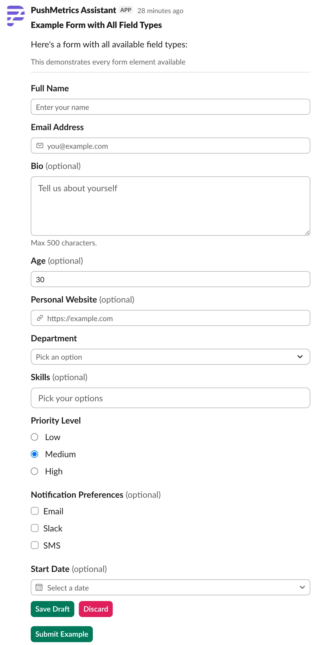 All supported agent form input types rendered in Slack