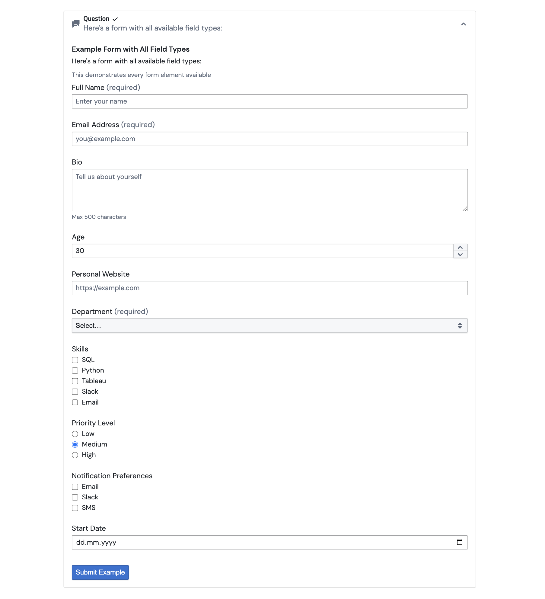 All supported agent form input types rendered in the PushMetrics web chat