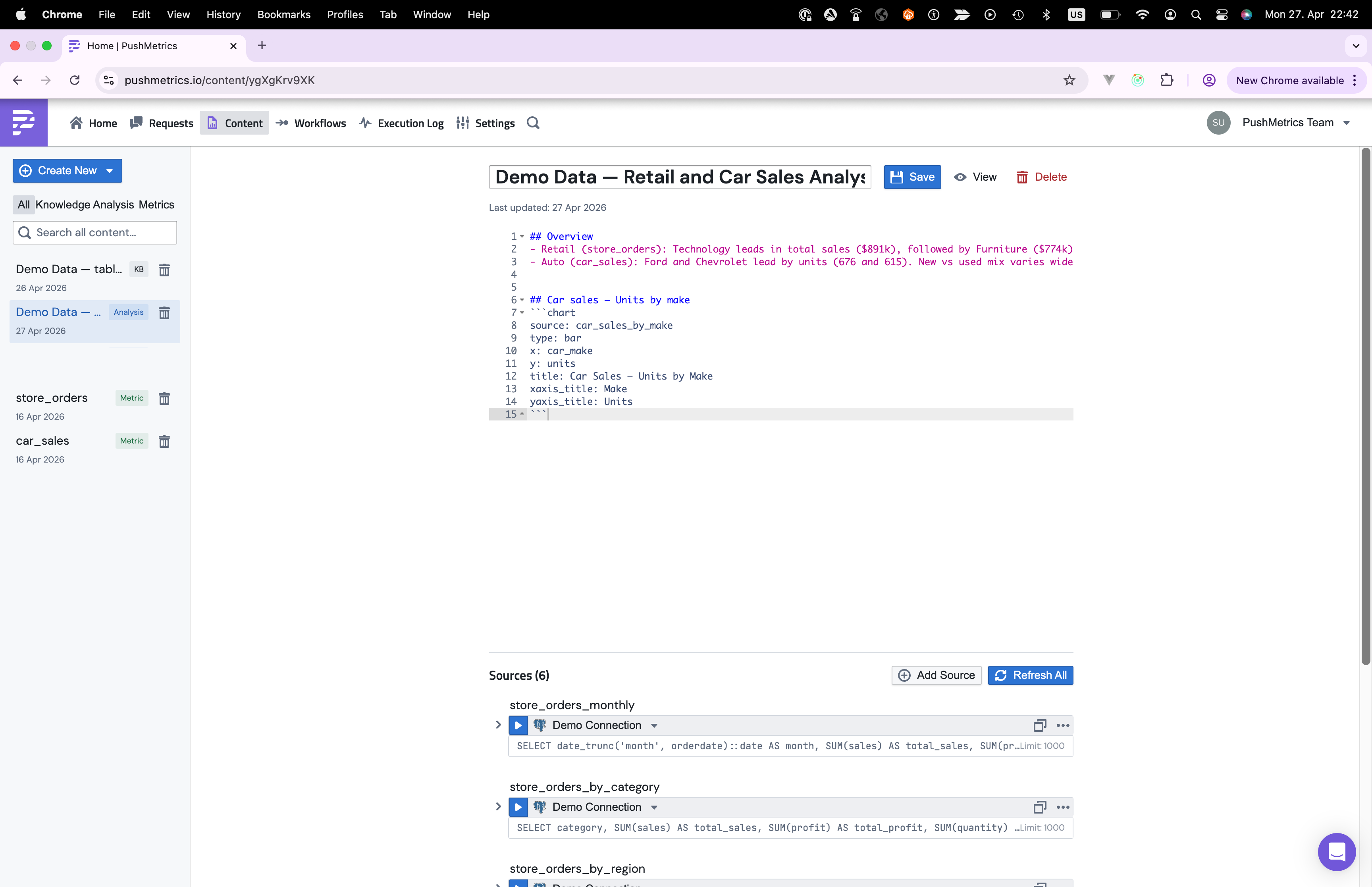The edit view of an analysis document showing the markdown body in a code editor at the top and a Sources panel below listing the cached SQL queries that back the document