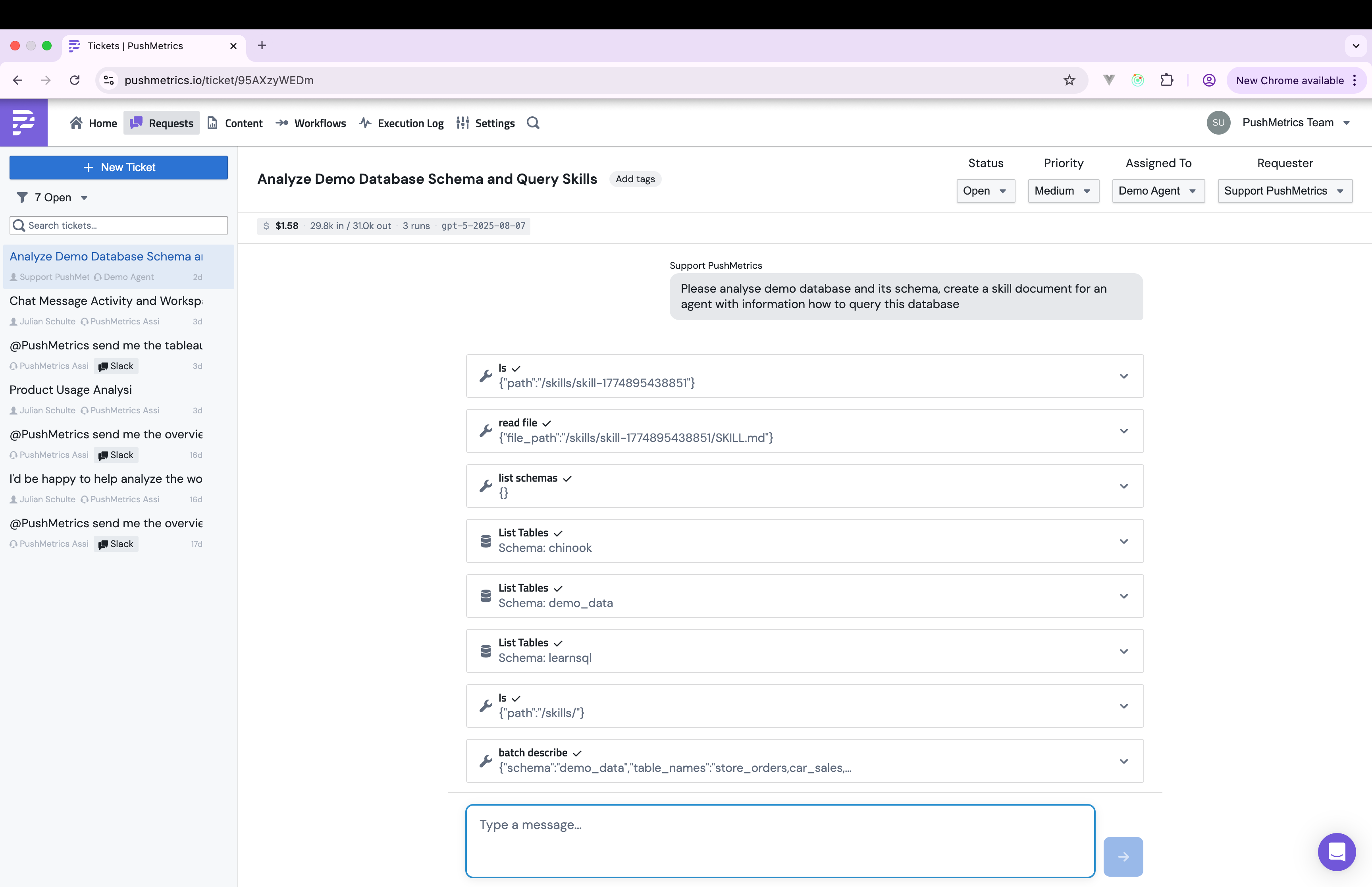 The chat layout in PushMetrics: conversation list on the left, the message thread in the middle, and the message box at the bottom