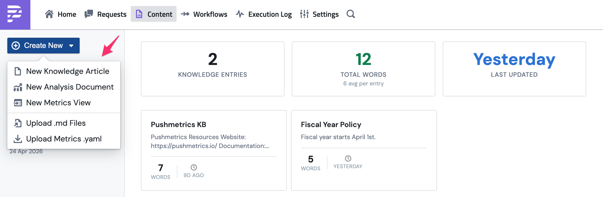 Creating a new knowledge entry in PushMetrics: a markdown editor with the title, body, and a save button