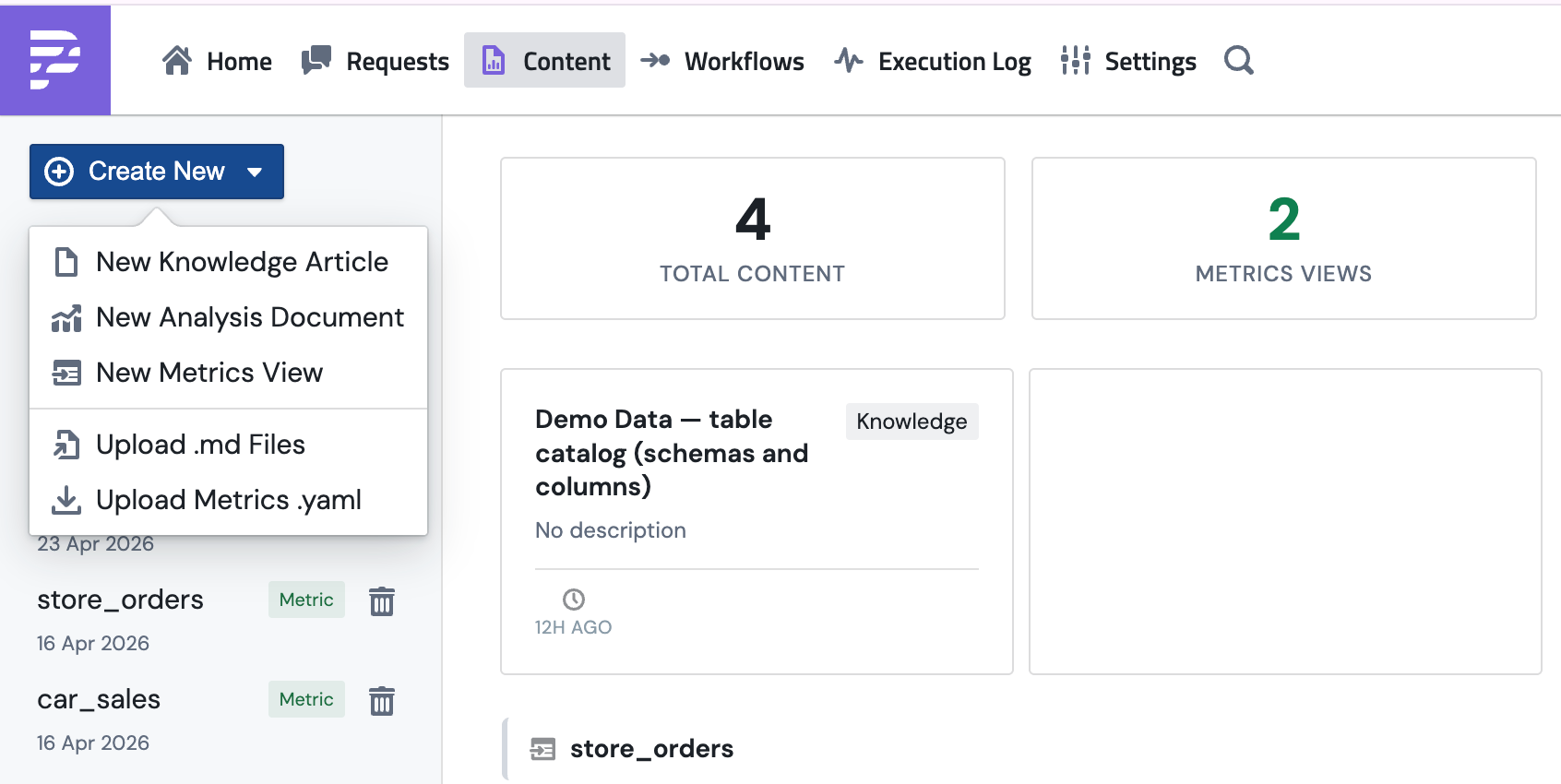 The Create New menu open on the Content page, showing options for New Knowledge Article, New Analysis Document, New Metrics View, Upload .md Files, and Upload Metrics .yaml