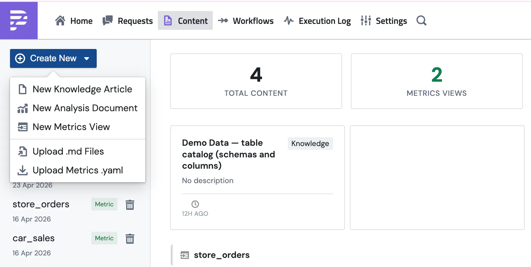The New menu open on the Content page, showing options for New Metric Block and New Explore