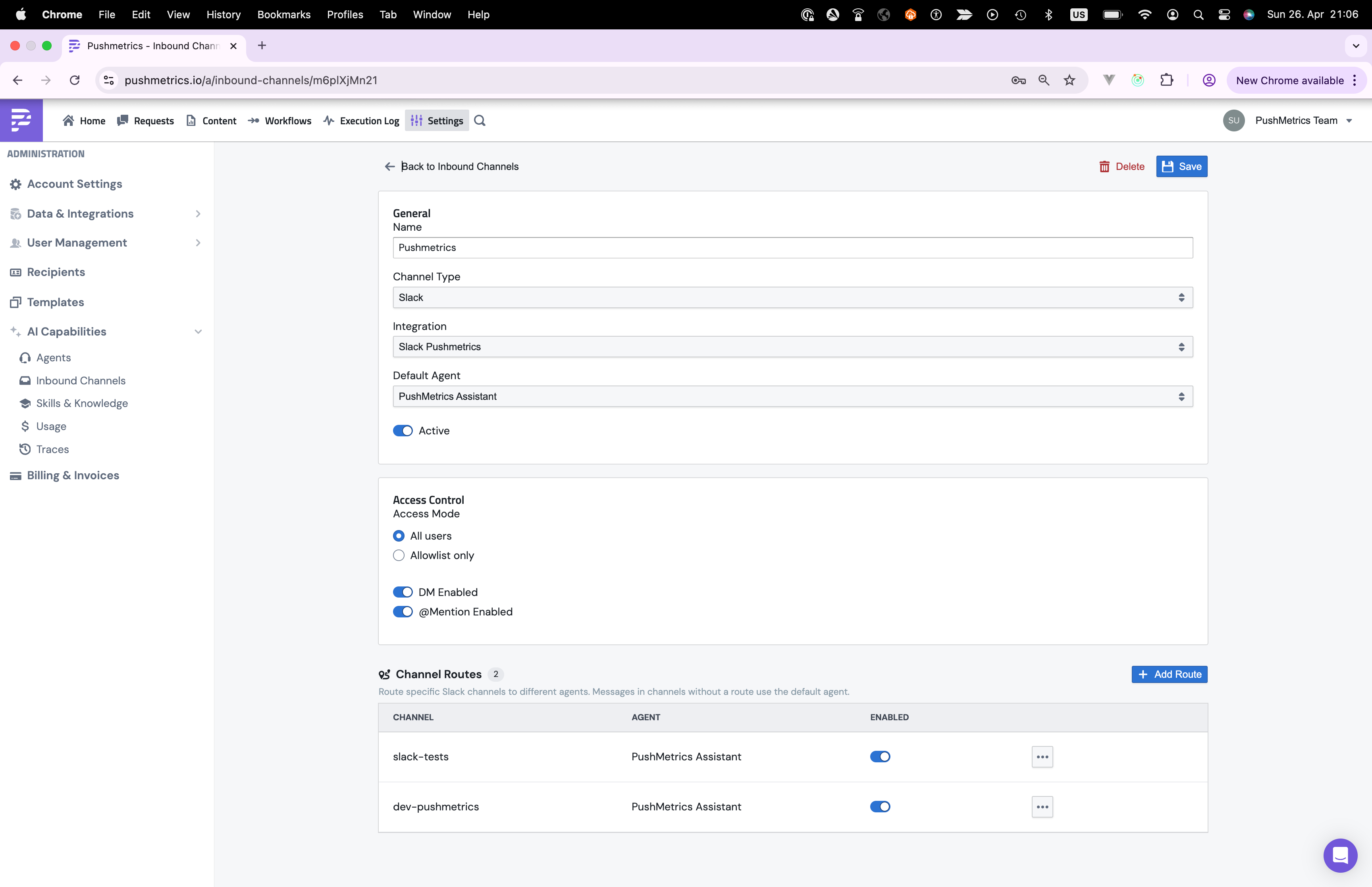 The detail page for an inbound channel, with general settings and access control sections