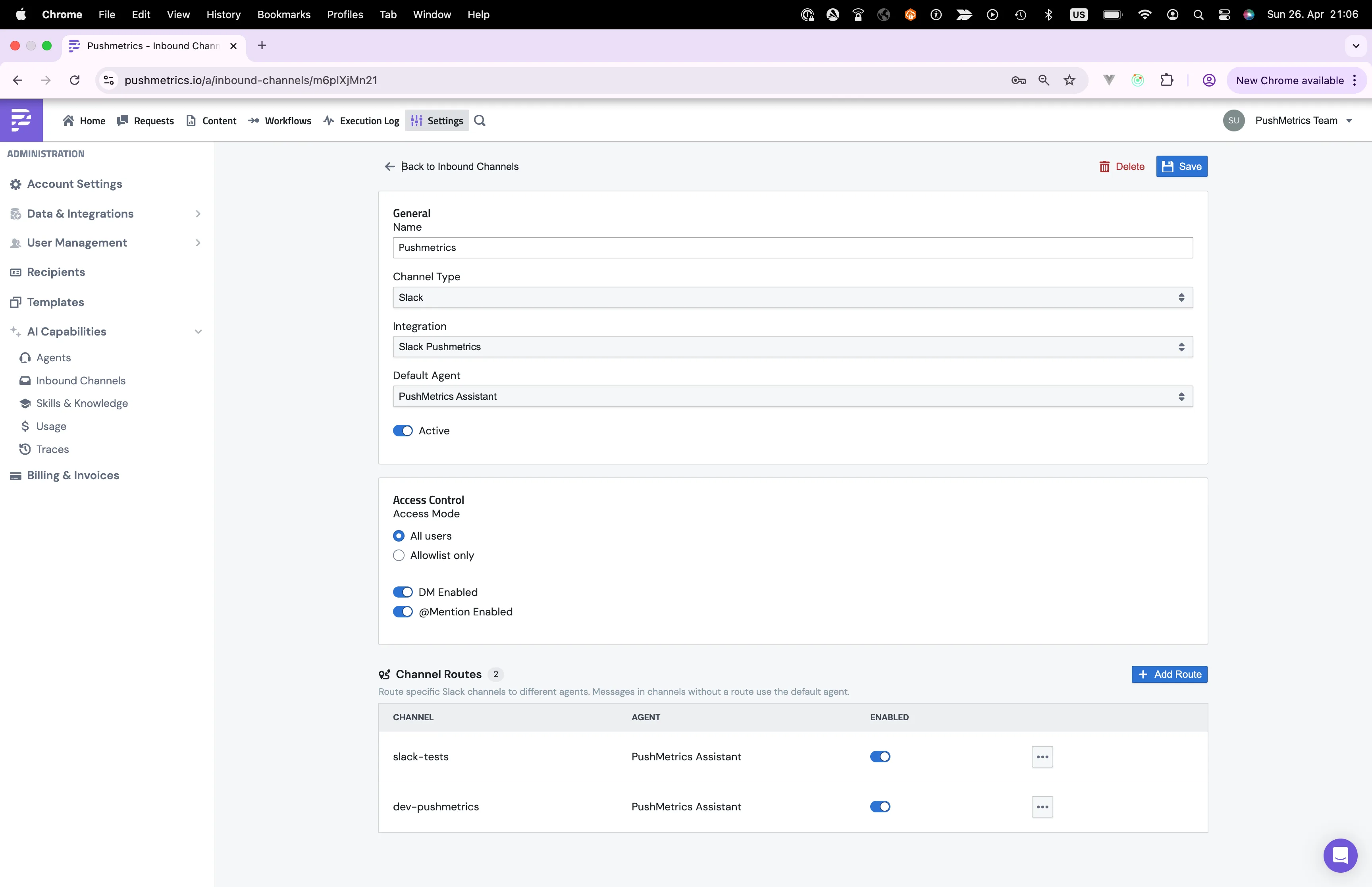 The detail page for an inbound channel, with general settings and access control sections