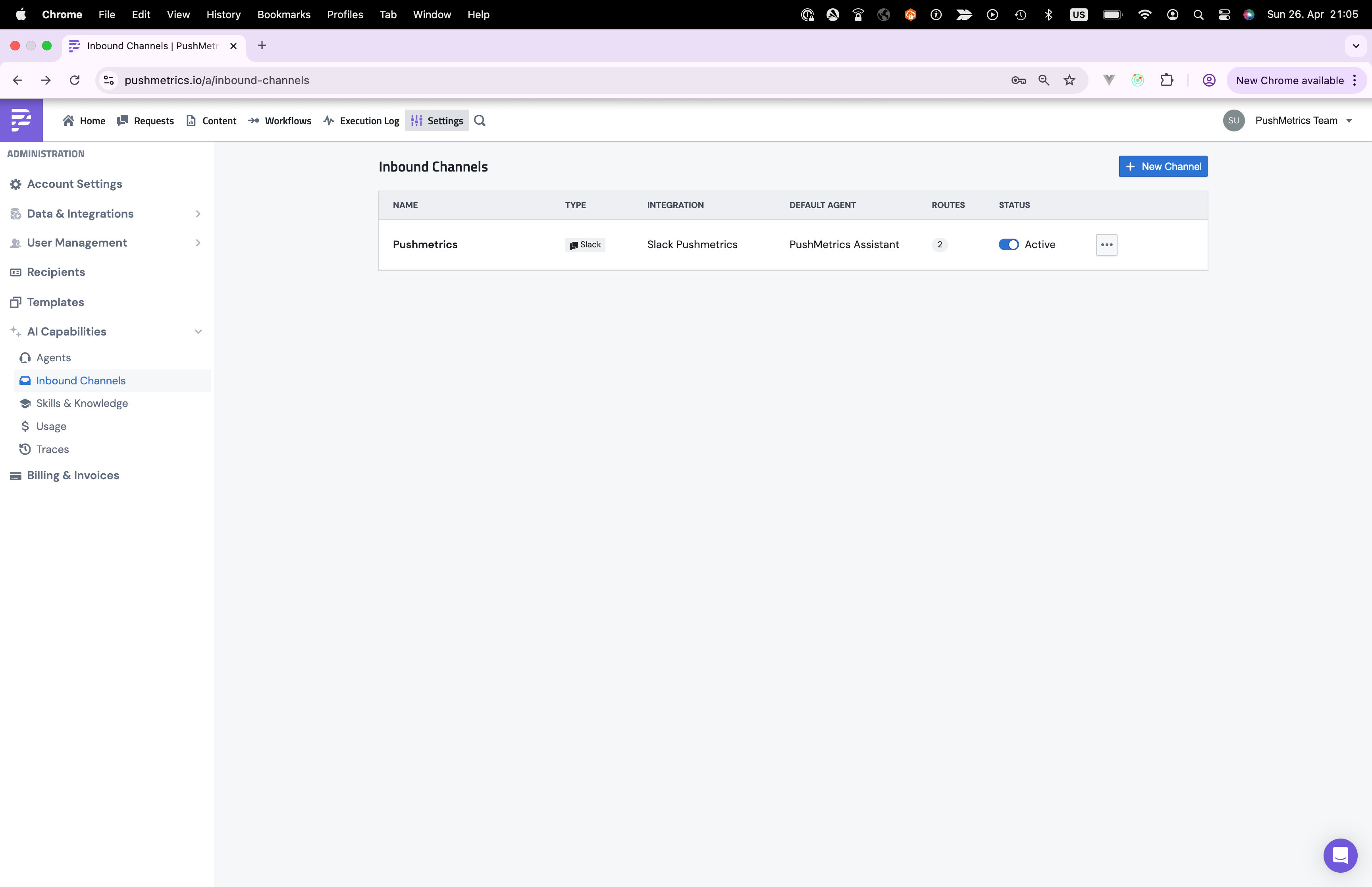 The Inbound Channels list in PushMetrics, showing one Slack channel mapped to a default agent with two routes